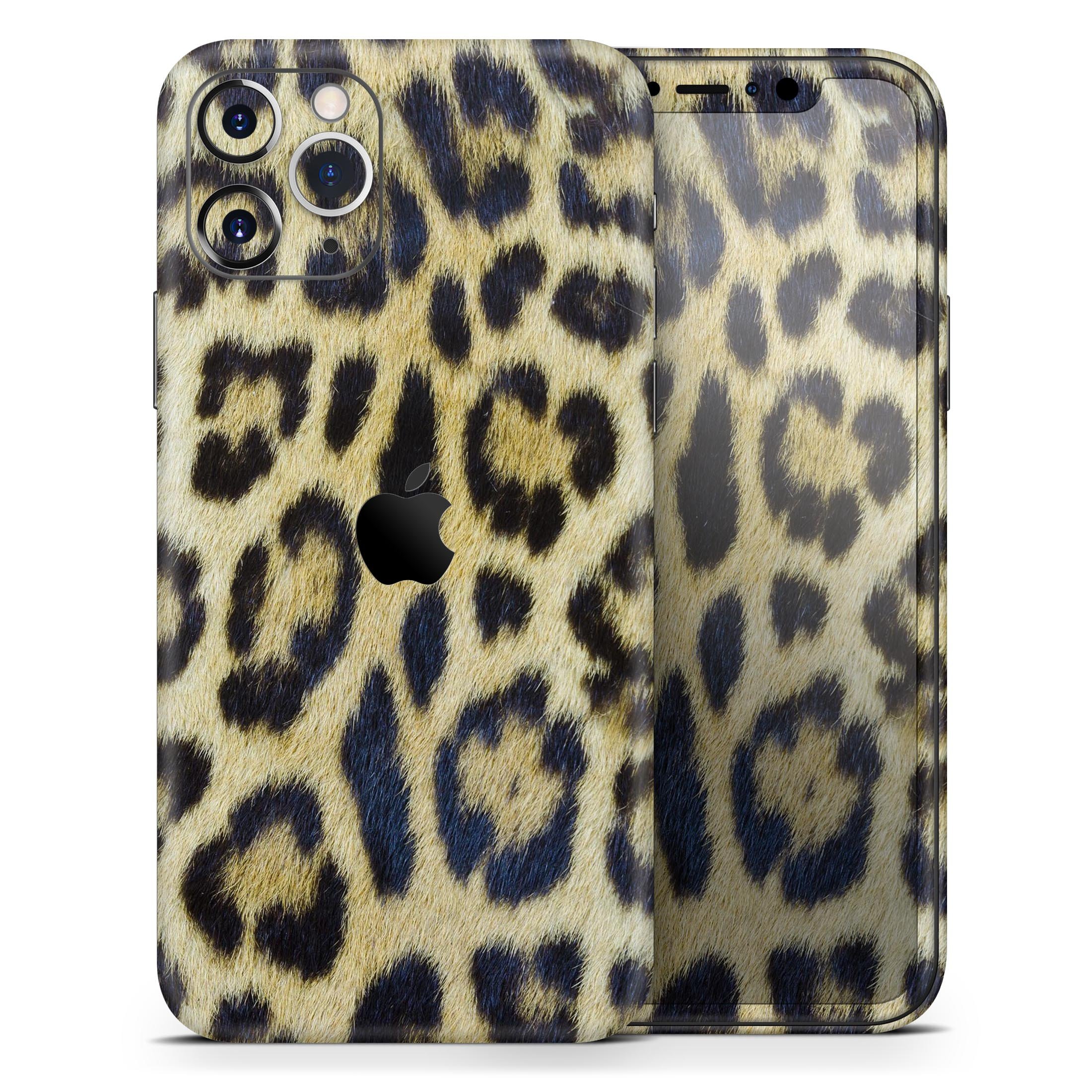 Real Leopard Hide V3 Skin-Kit for Apple iPhone, showcasing a stylish leopard print design on a sleek vinyl surface.