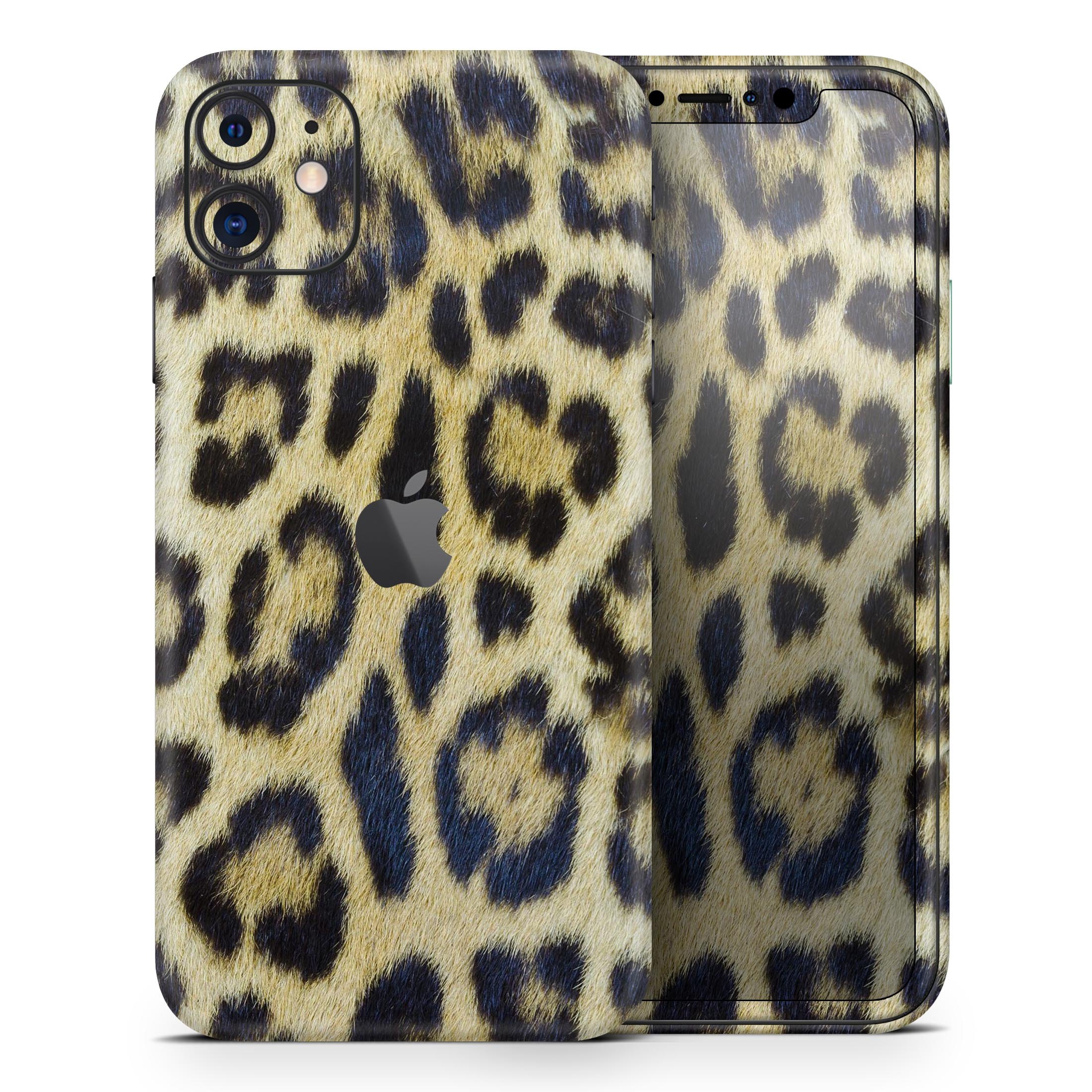 Real Leopard Hide V3 Skin-Kit for Apple iPhone, showcasing a stylish leopard print design on a sleek vinyl surface.