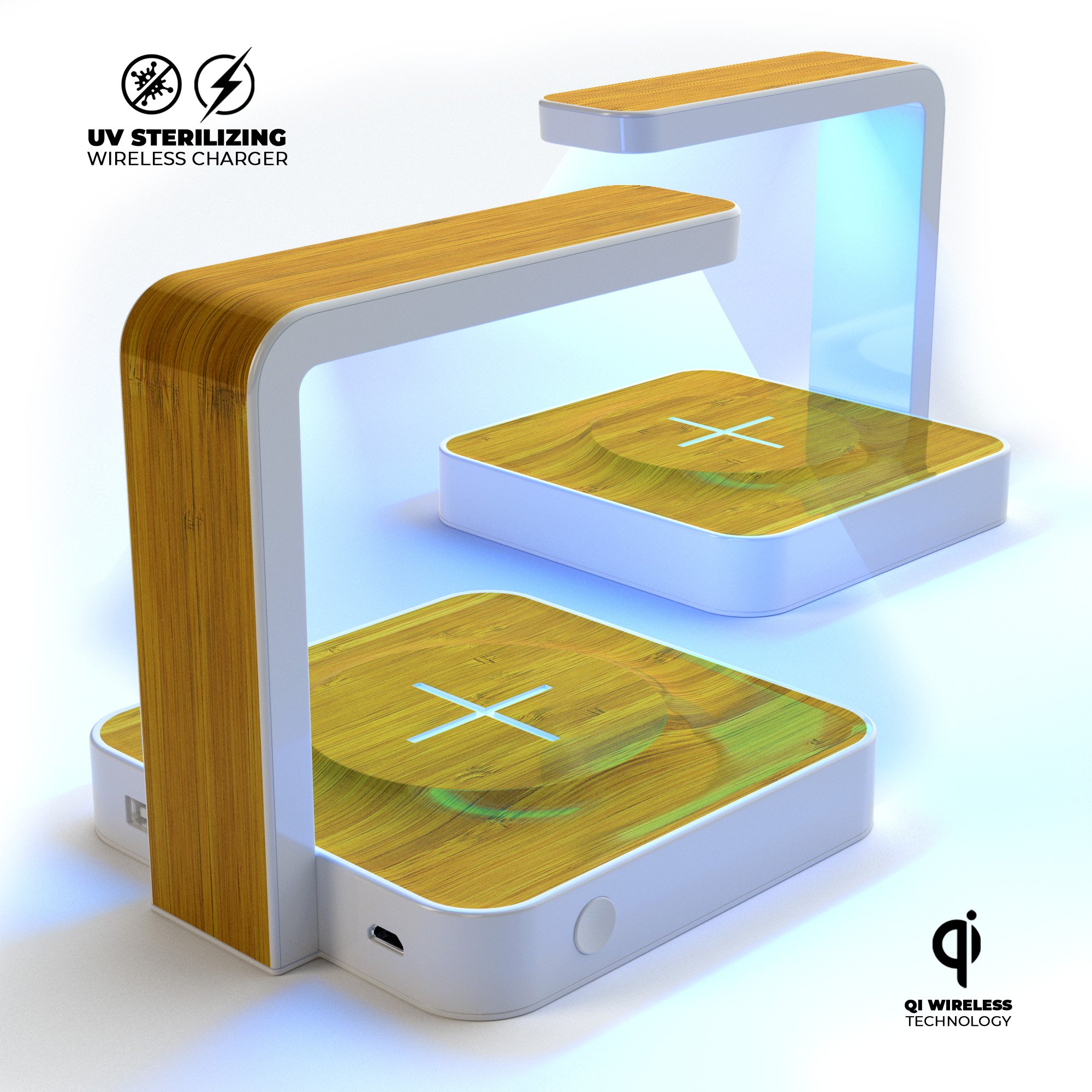 Real Light Bamboo Wood UV Germicidal Sanitizing Wireless Charger with a sleek design, showcasing its bamboo finish and wireless charging pad.