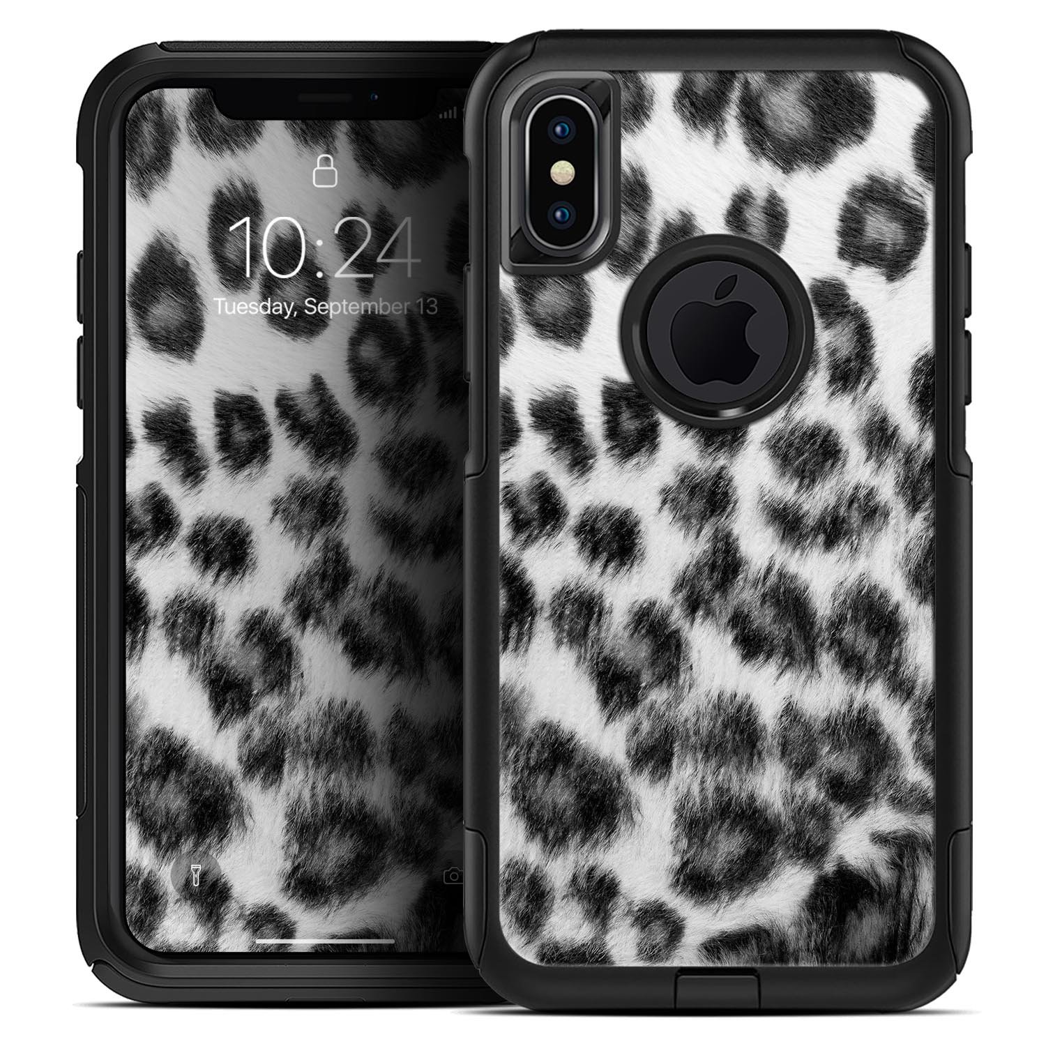 Real Snow Leopard Hide Skin Kit designed for iPhone OtterBox cases, showcasing a unique snow leopard pattern on a protective skin.