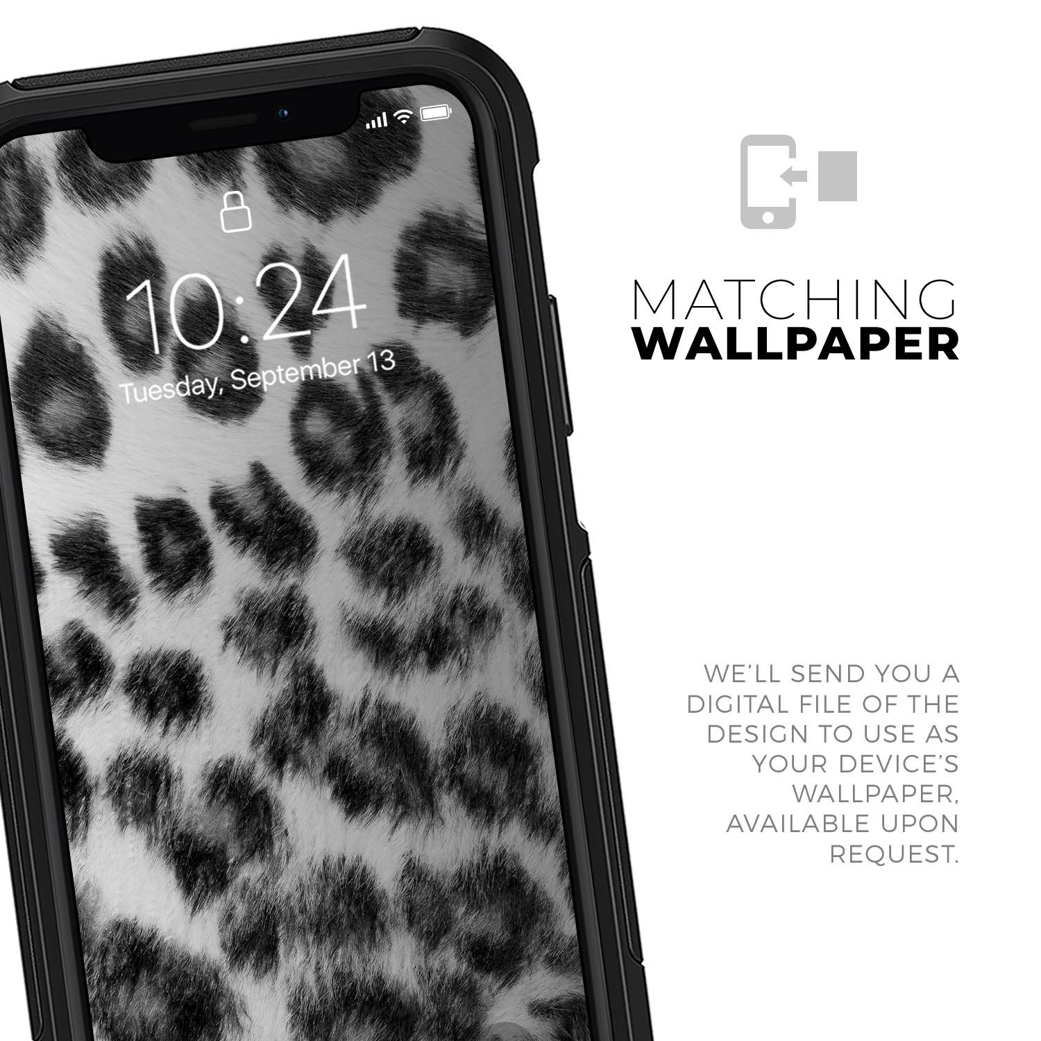 Real Snow Leopard Hide Skin Kit designed for iPhone OtterBox cases, showcasing a unique snow leopard pattern on a protective skin.