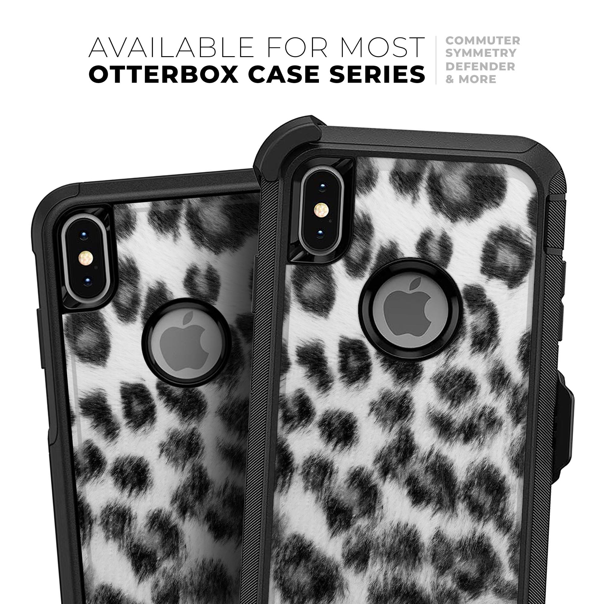 Real Snow Leopard Hide Skin Kit designed for iPhone OtterBox cases, showcasing a unique snow leopard pattern on a protective skin.