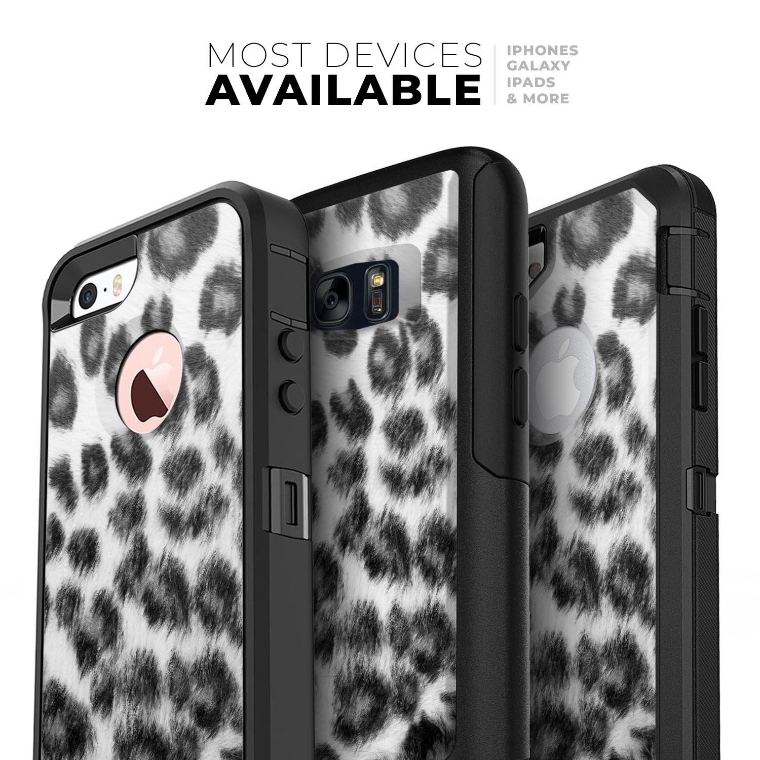 Real Snow Leopard Hide Skin Kit designed for iPhone OtterBox cases, showcasing a unique snow leopard pattern on a protective skin.