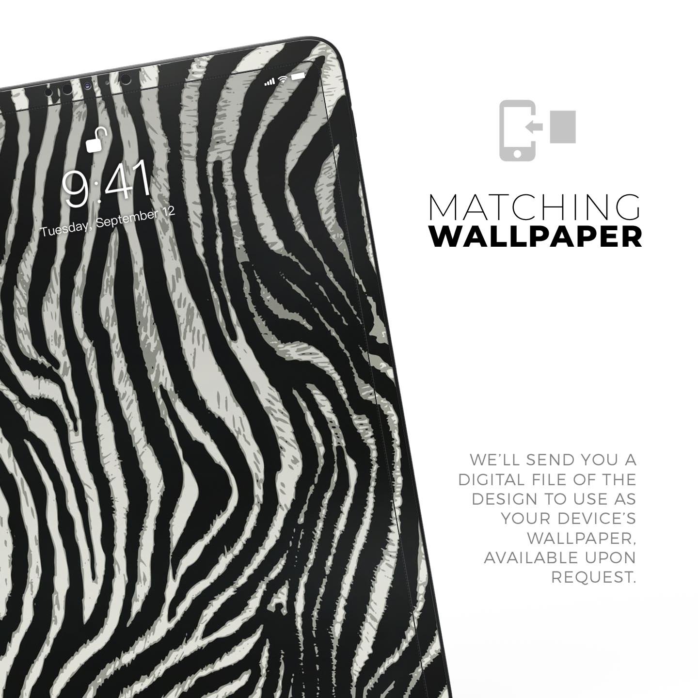 Real Vector Zebra Print skin decal for Apple iPad Pro, showcasing a stylish zebra pattern with a smooth finish.