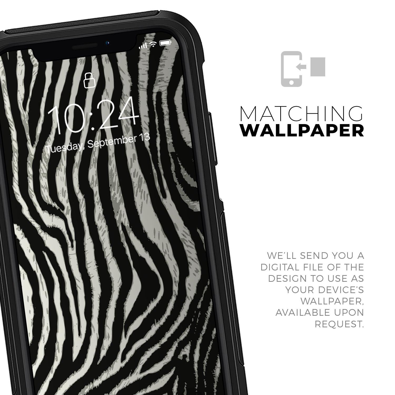 Real Vector Zebra Print Skin Kit for iPhone OtterBox cases, showcasing a stylish zebra pattern on a sleek surface.