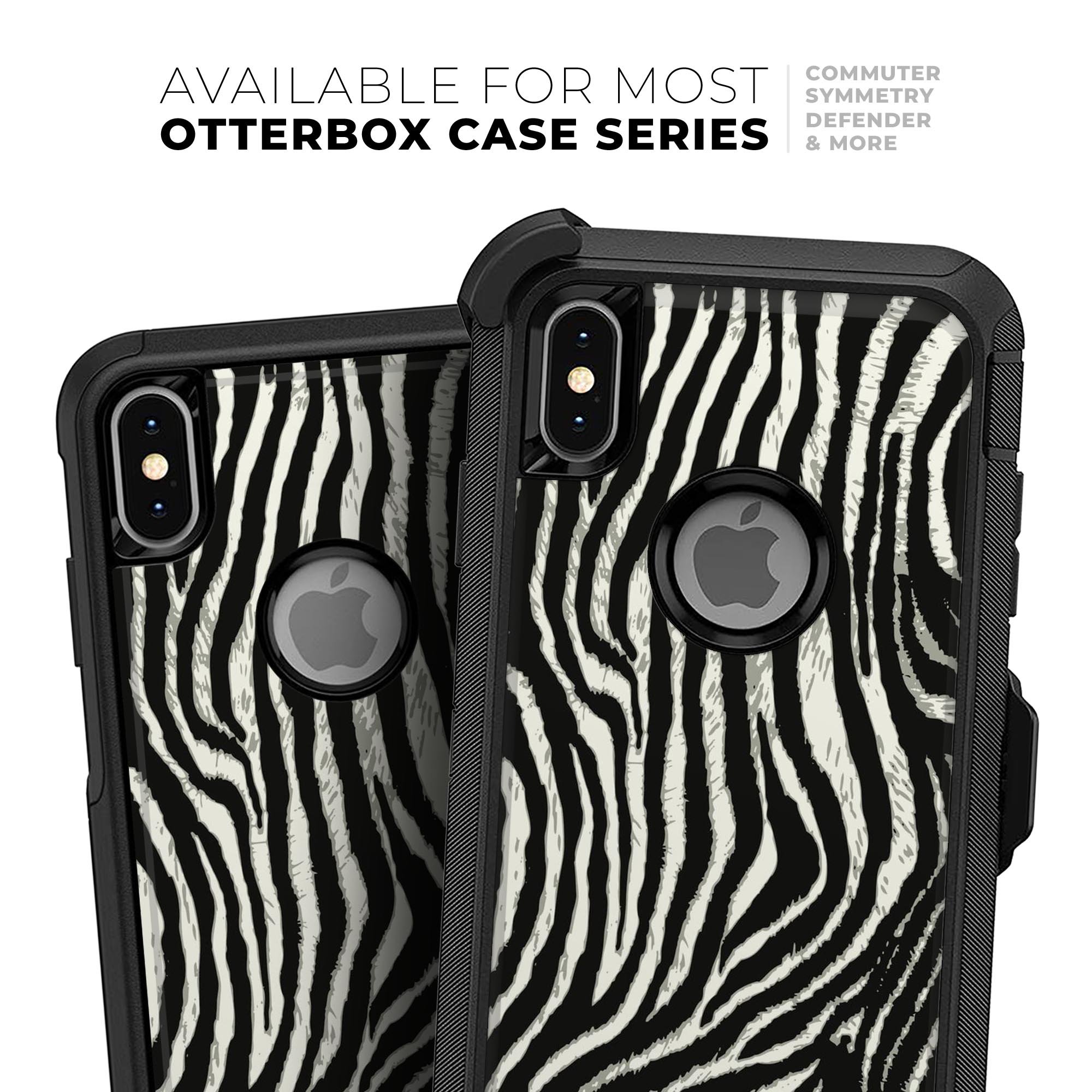 Real Vector Zebra Print Skin Kit for iPhone OtterBox cases, showcasing a stylish zebra pattern on a sleek surface.