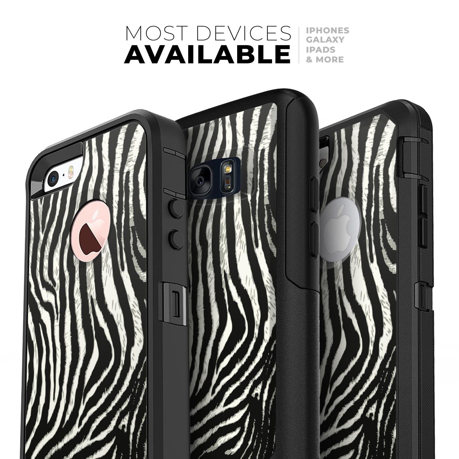 Real Vector Zebra Print Skin Kit for iPhone OtterBox cases, showcasing a stylish zebra pattern on a sleek surface.