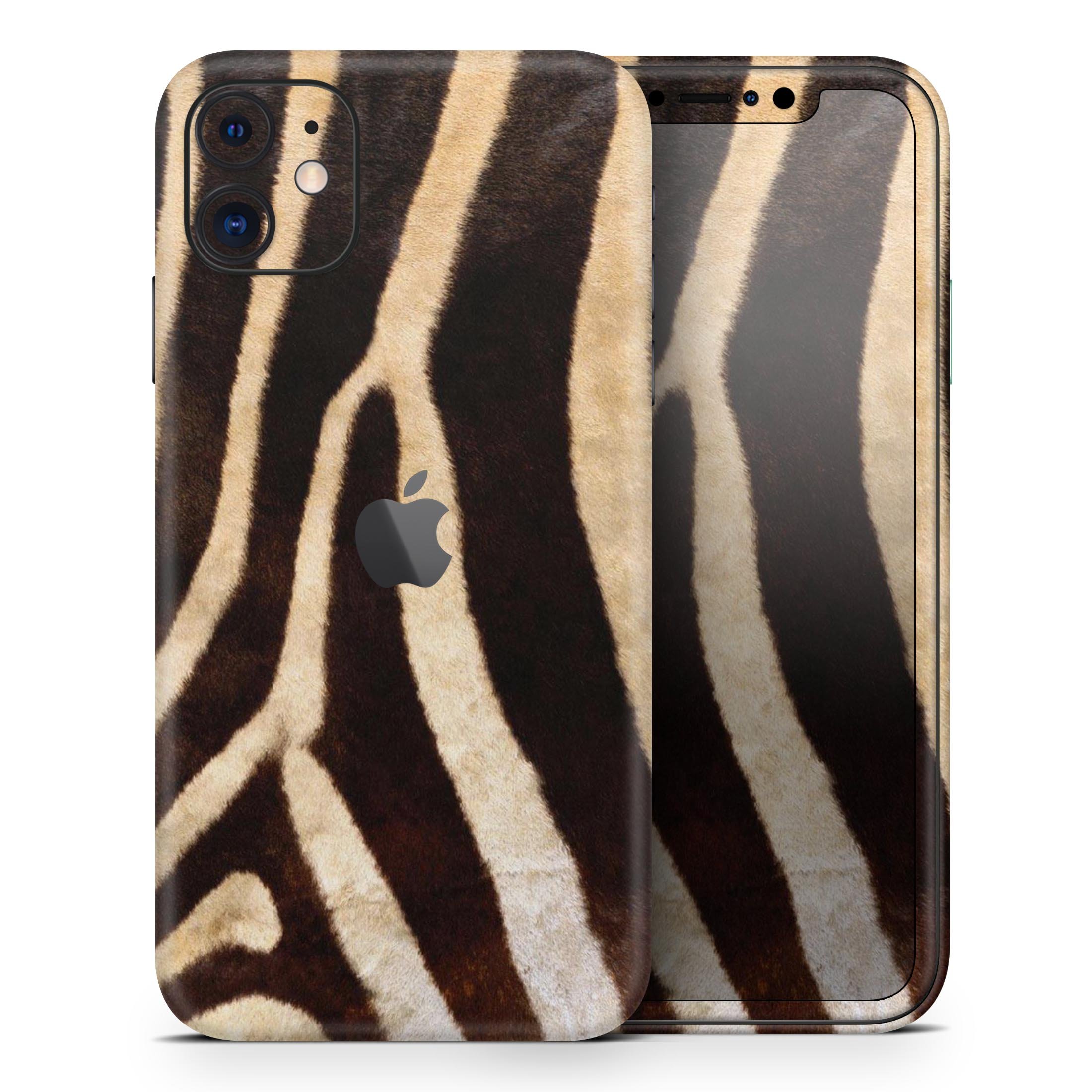 Real Zebra Print Texture Skin-Kit for Apple iPhone, showcasing a stylish design with a premium vinyl finish.