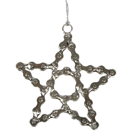 Handmade star ornament crafted from recycled bicycle chains, showcasing intricate metalwork and eco-friendly design.