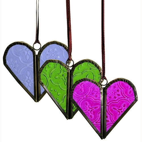 Handmade Recycled Glass Heart Ornament in Blue, Green, and Pink, featuring a hinged design and red ribbon for hanging.