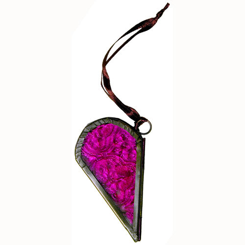 Handmade Recycled Glass Heart Ornament in Blue, Green, and Pink, featuring a hinged design and red ribbon for hanging.