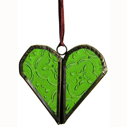 Handmade Recycled Glass Heart Ornament in Blue, Green, and Pink, featuring a hinged design and red ribbon for hanging.