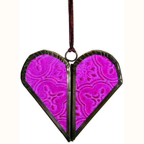 Handmade Recycled Glass Heart Ornament in Blue, Green, and Pink, featuring a hinged design and red ribbon for hanging.