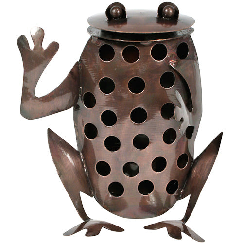 A charming recycled metal frog luminary, handmade with intricate details, perfect for outdoor candle lighting.