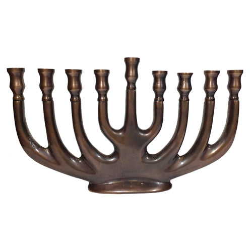 Handmade Recycled Metal Hanukkah menorah crafted by artisans in India, featuring candle holders and intricate design.