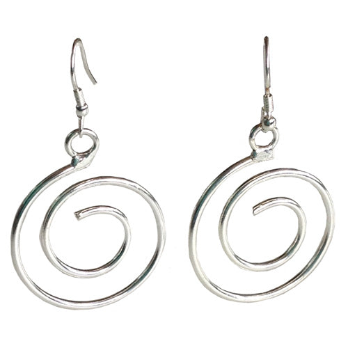 A pair of elegant recycled metal spiral earrings, showcasing a unique design with a shiny silver finish, perfect for eco-conscious fashion lovers.