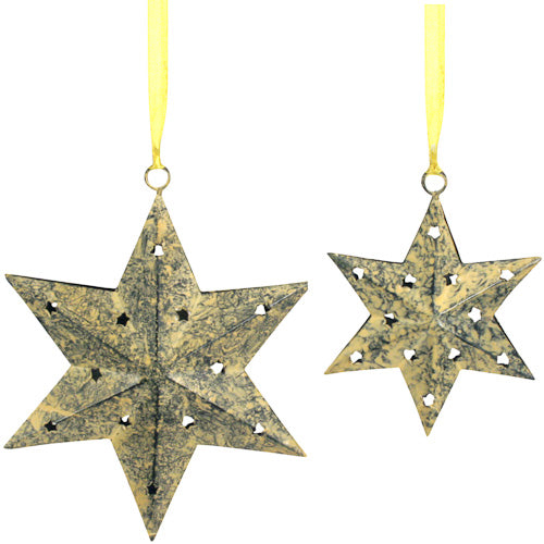 A beautifully handcrafted Recycled Metal Star Ornament with six points, showcasing vibrant colors and intricate dye-cut designs, perfect for holiday decoration.