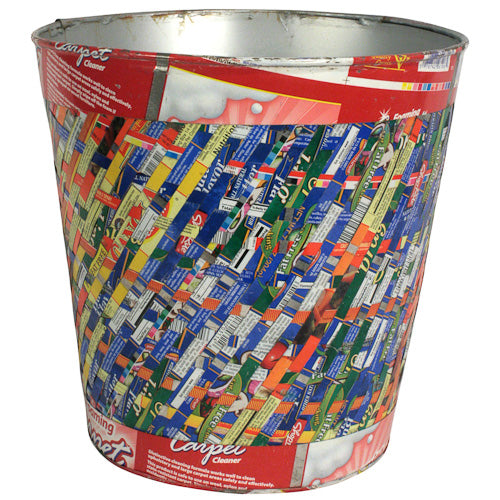 A vibrant, handcrafted wastebasket made from recycled metal, showcasing multicolored strips interlaced together, perfect for home or office use.