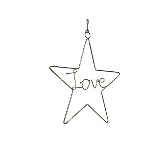 Handmade Recycled Wire Love Star Ornament showcasing intricate metalwork, perfect for holiday decor.