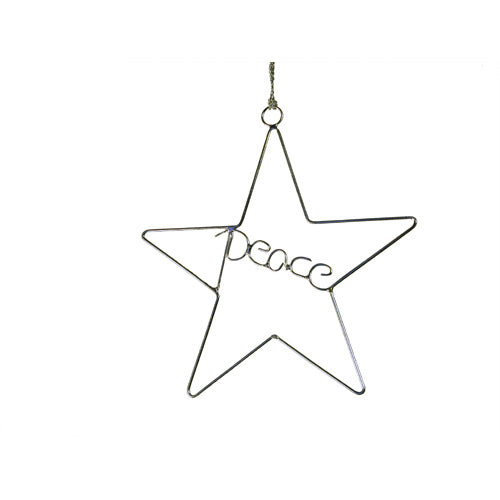 Handmade Recycled Wire Peace Star Ornament showcasing intricate metalwork, perfect for holiday decor.