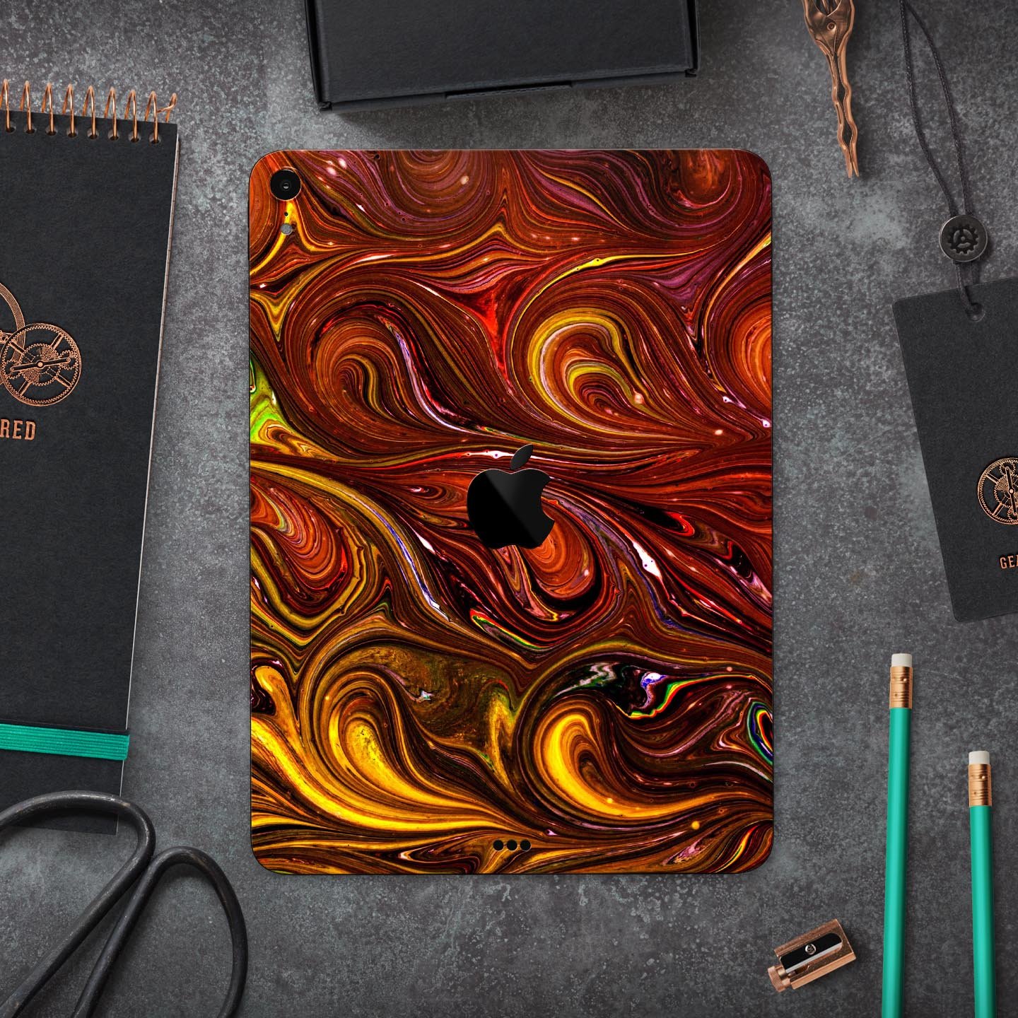 Red Acrylic Swirl Full Body Skin Decal for Apple iPad Pro 12.9", showcasing vibrant colors and a sleek design.