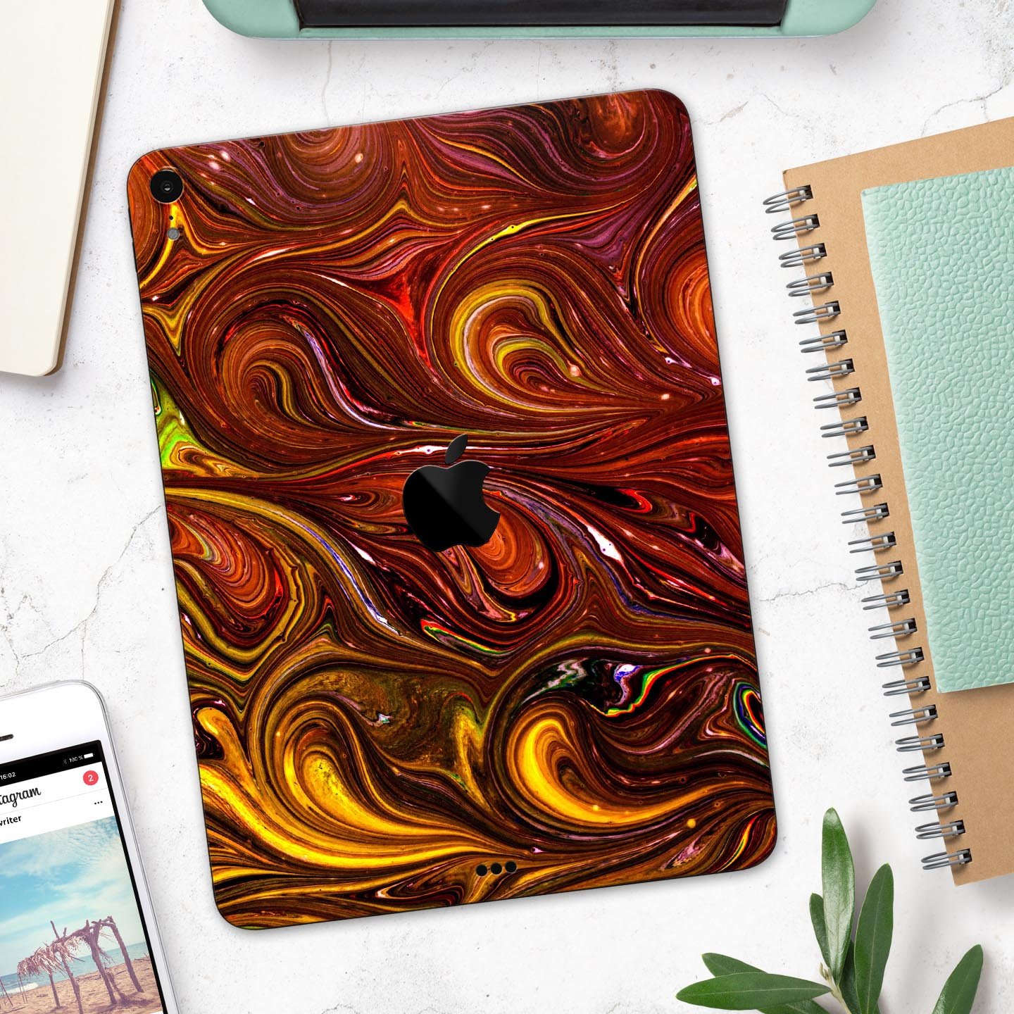 Red Acrylic Swirl Full Body Skin Decal for Apple iPad Pro 12.9", showcasing vibrant colors and a sleek design.