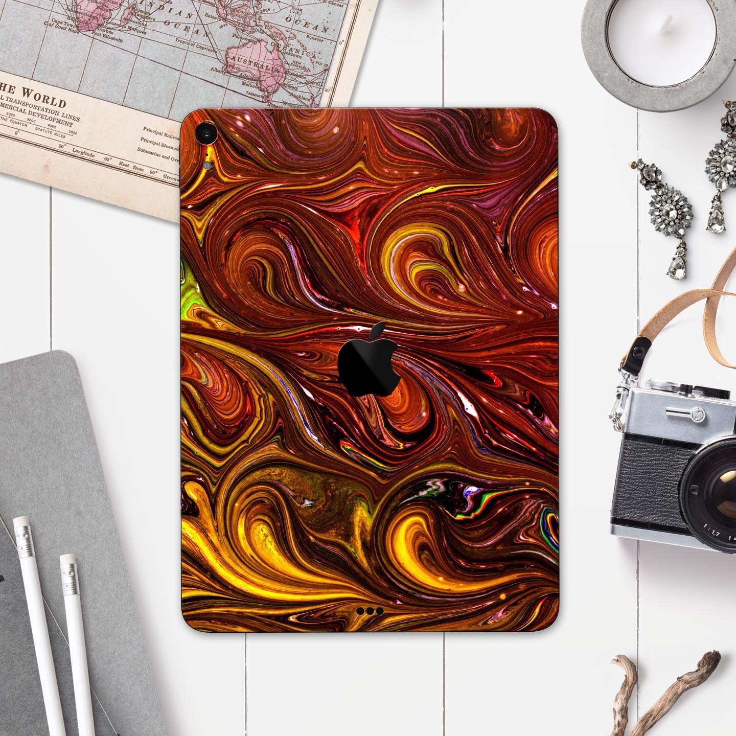 Red Acrylic Swirl Full Body Skin Decal for Apple iPad Pro 12.9", showcasing vibrant colors and a sleek design.