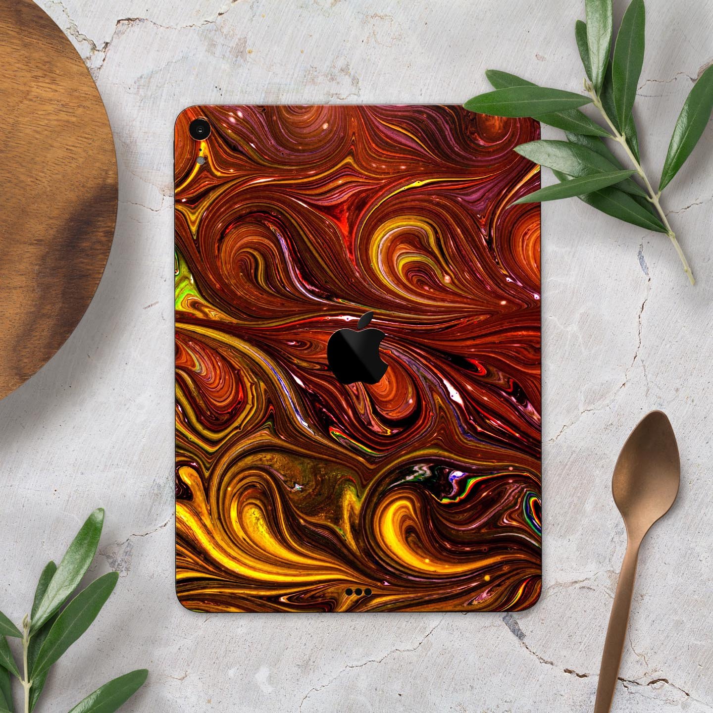 Red Acrylic Swirl Full Body Skin Decal for Apple iPad Pro 12.9", showcasing vibrant colors and a sleek design.