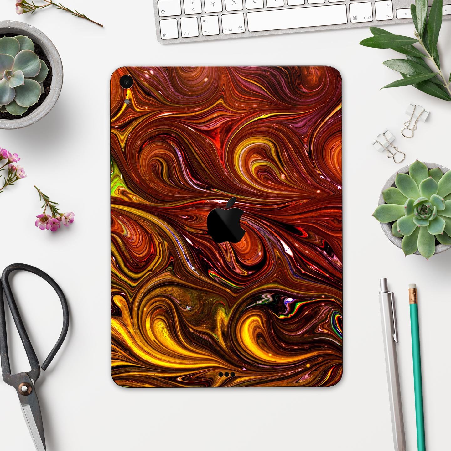 Red Acrylic Swirl Full Body Skin Decal for Apple iPad Pro 12.9", showcasing vibrant colors and a sleek design.