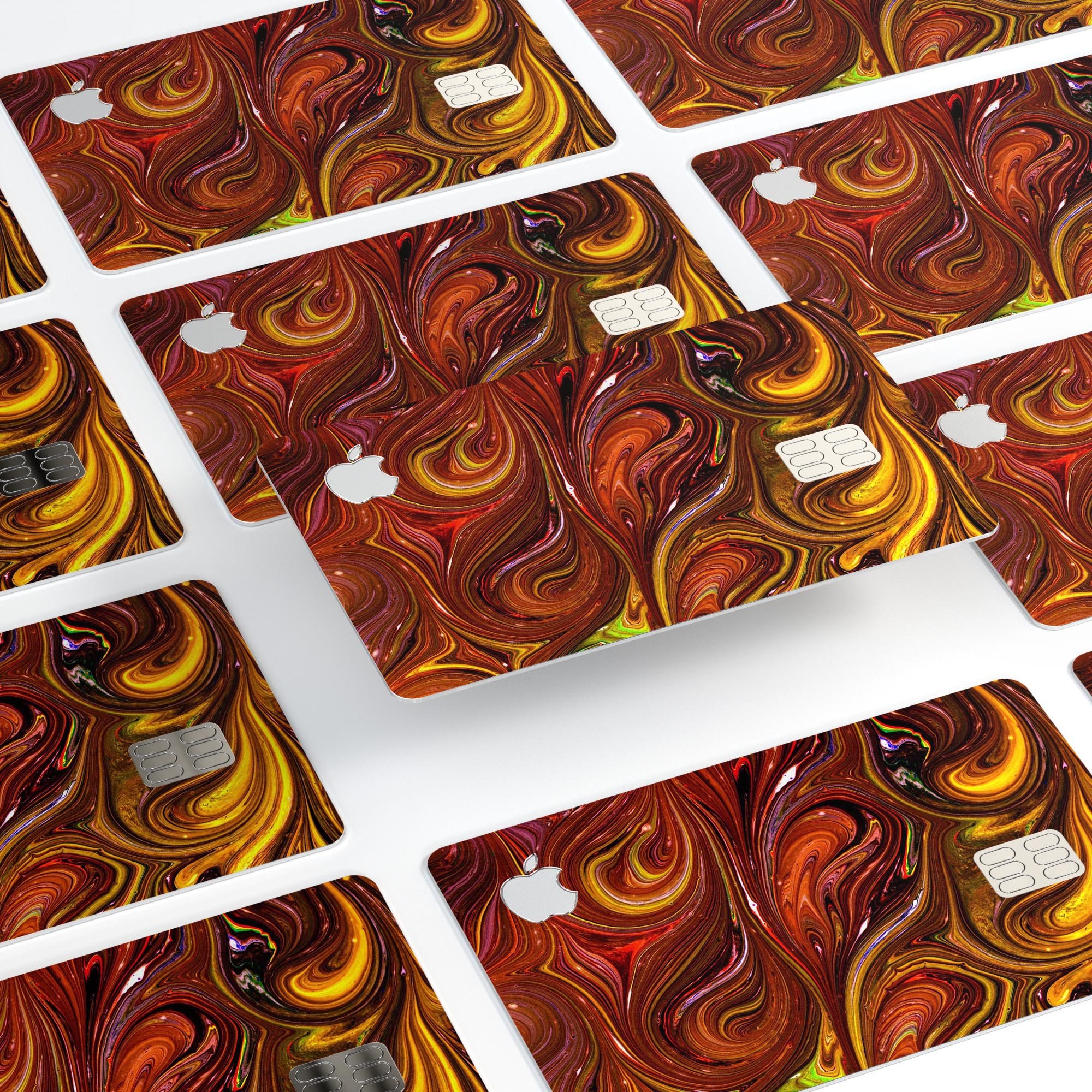 Red Acrylic Swirl skin kit for Apple Card, showcasing premium vinyl design and bubble-free installation features.