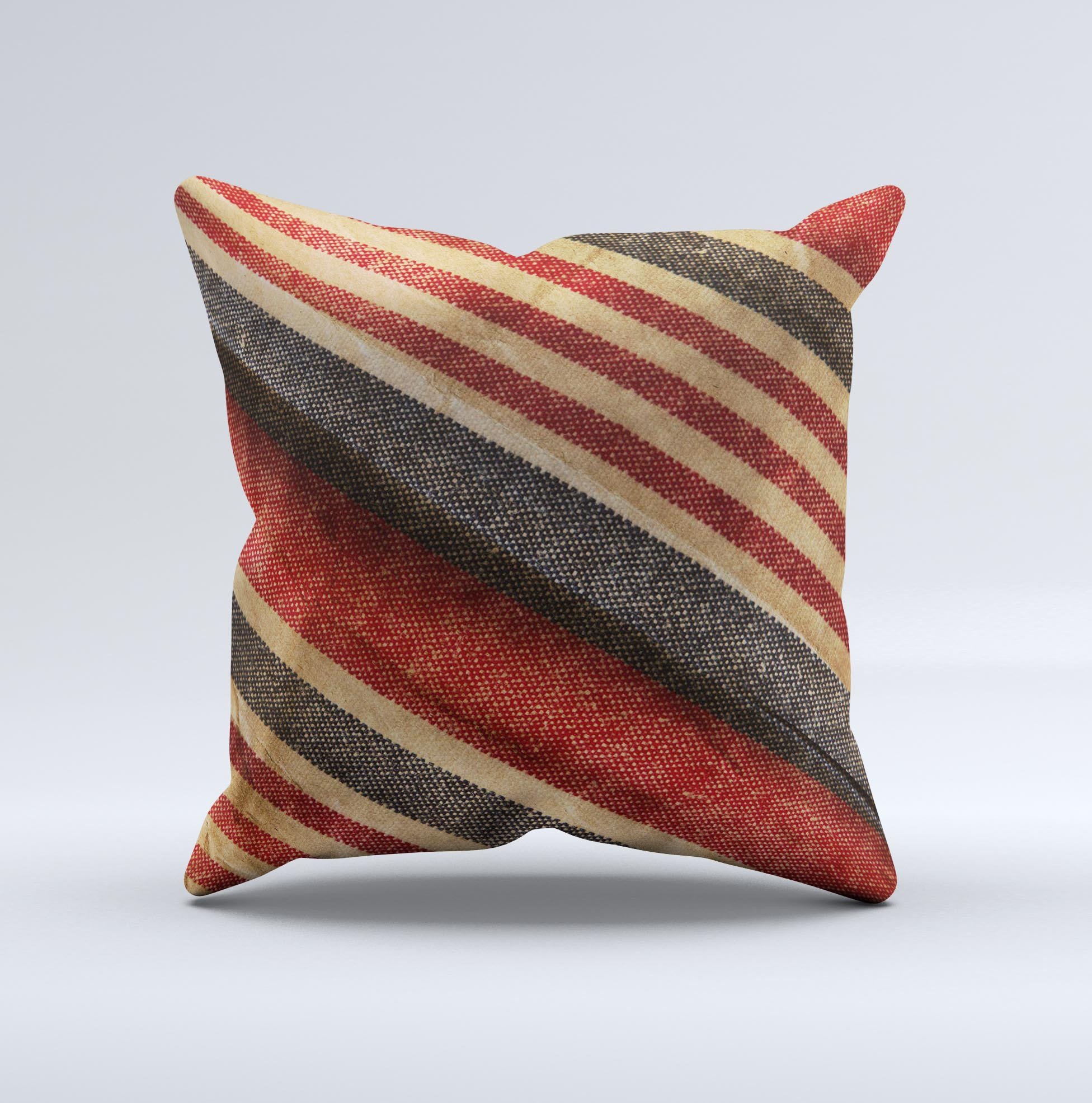 Red and black striped decorative throw pillow, handcrafted with high thread count fabric and unique design.