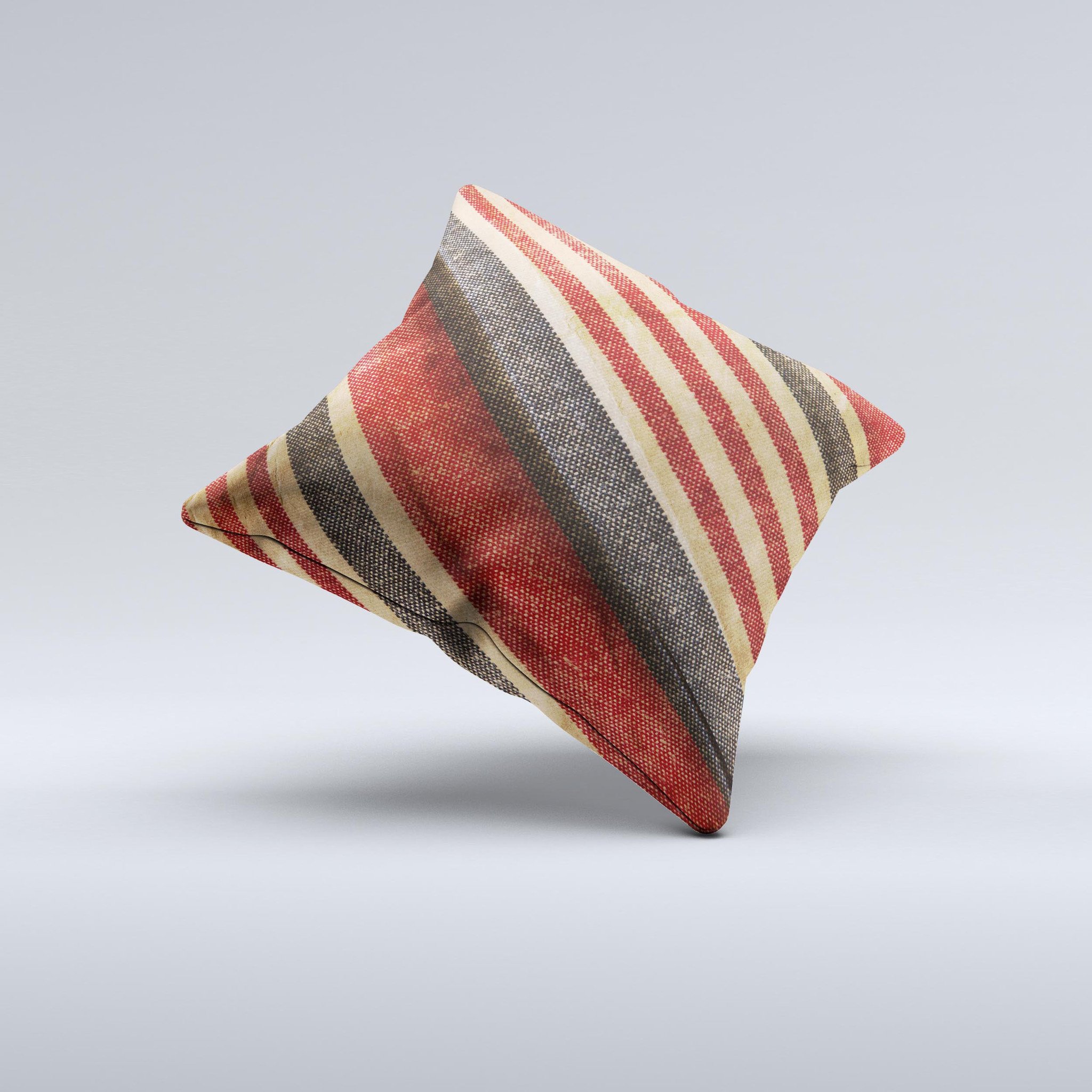 Red and black striped decorative throw pillow, handcrafted with high thread count fabric and unique design.