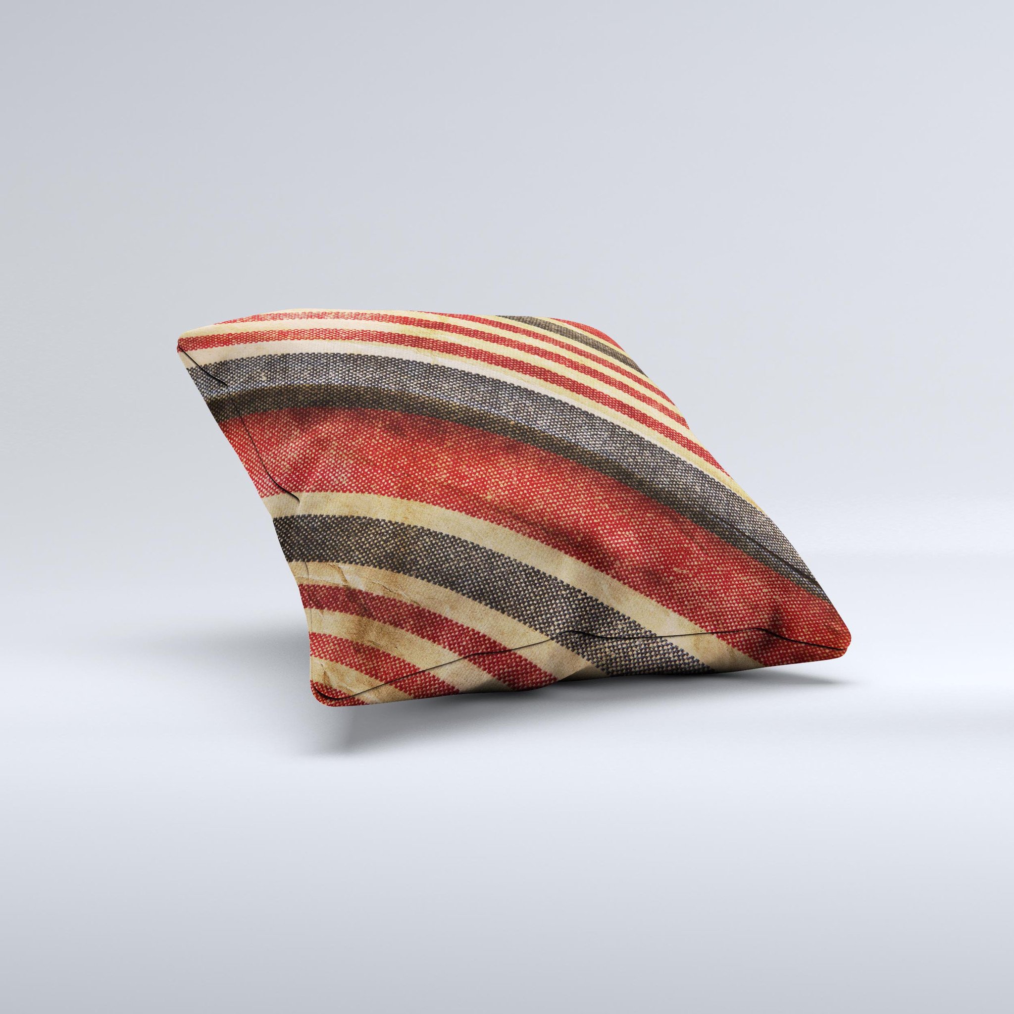 Red and black striped decorative throw pillow, handcrafted with high thread count fabric and unique design.