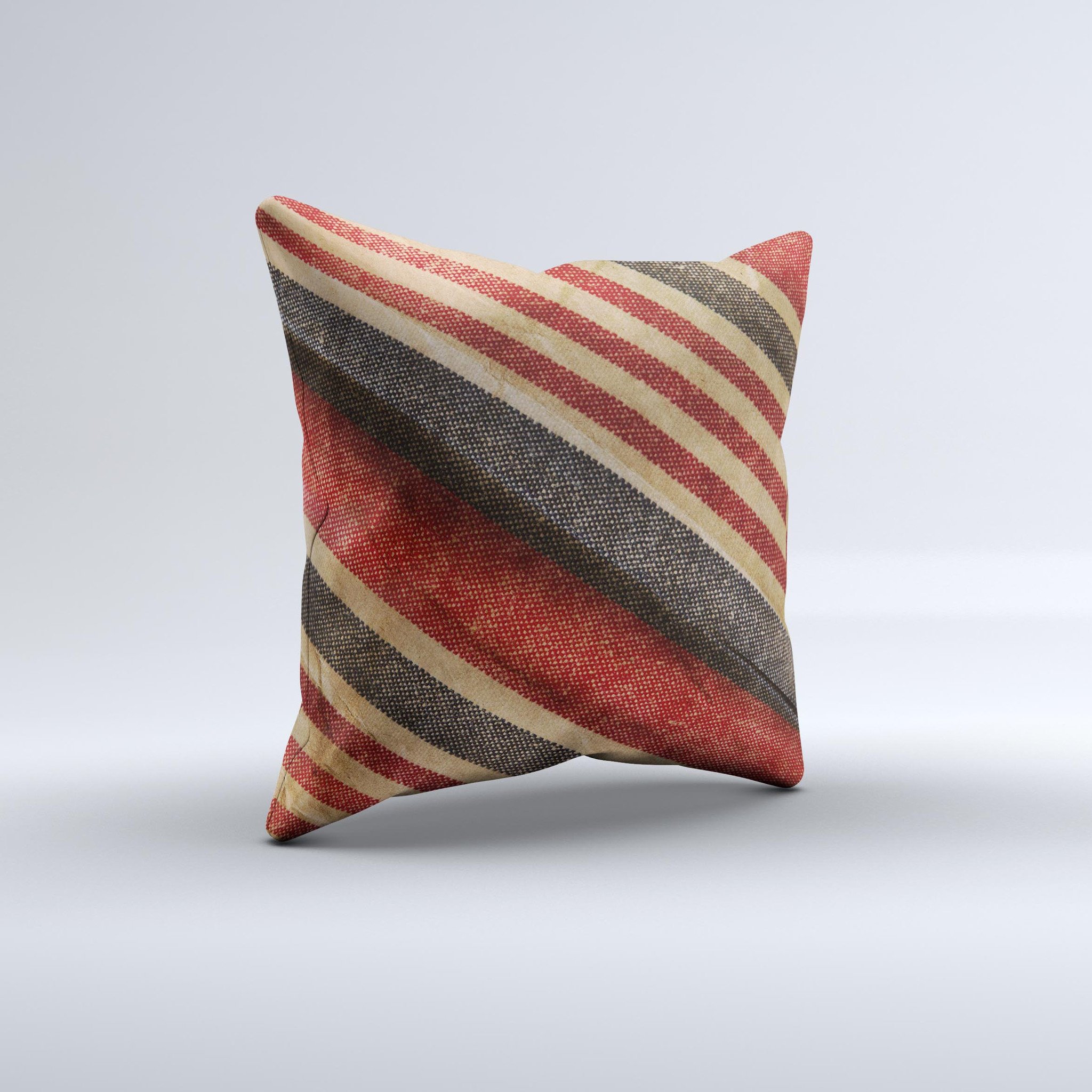 Red and black striped decorative throw pillow, handcrafted with high thread count fabric and unique design.