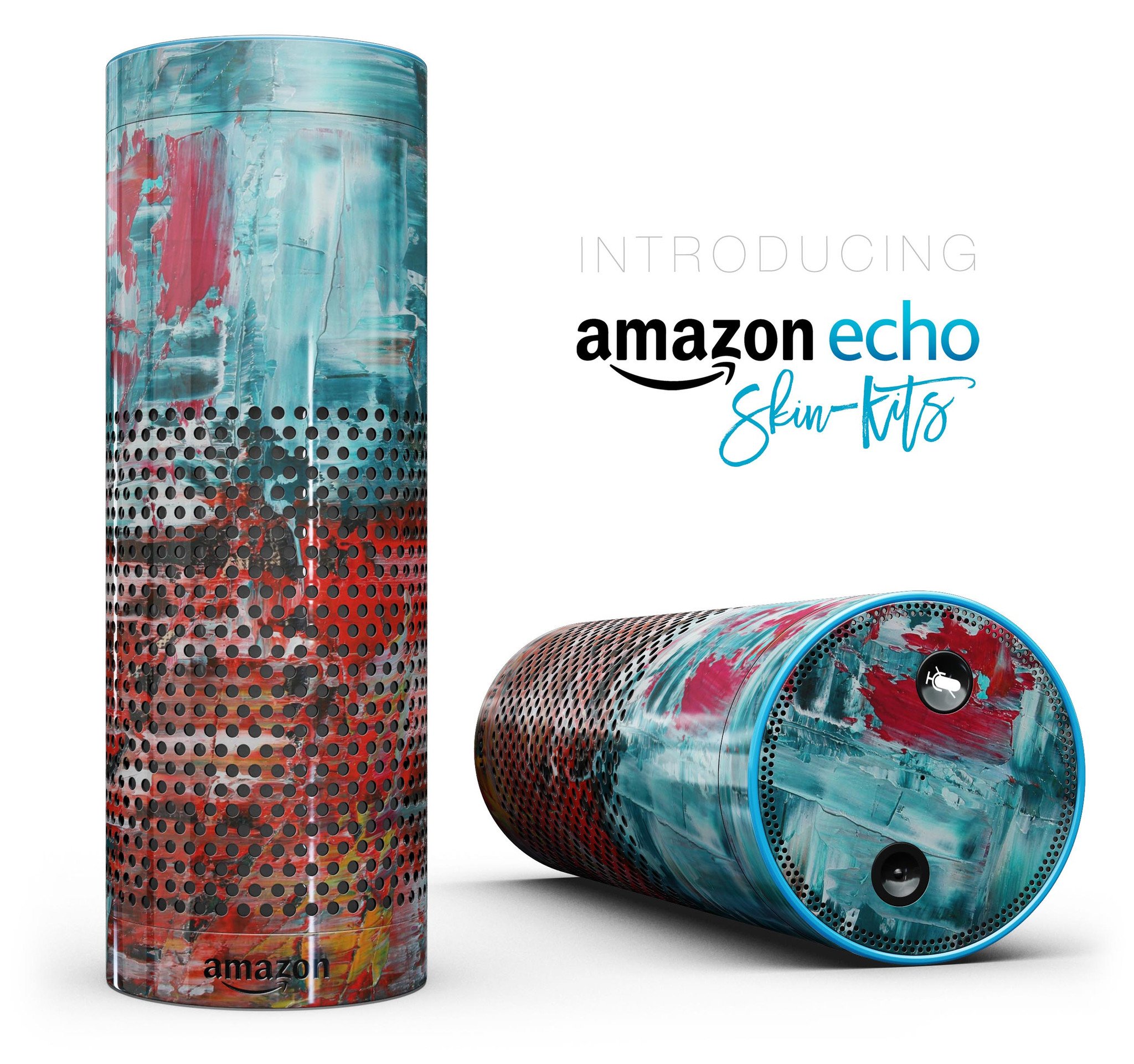 A vibrant red and blue abstract oil painting skin-kit designed for the Amazon Echo, showcasing full-body decorative protection.