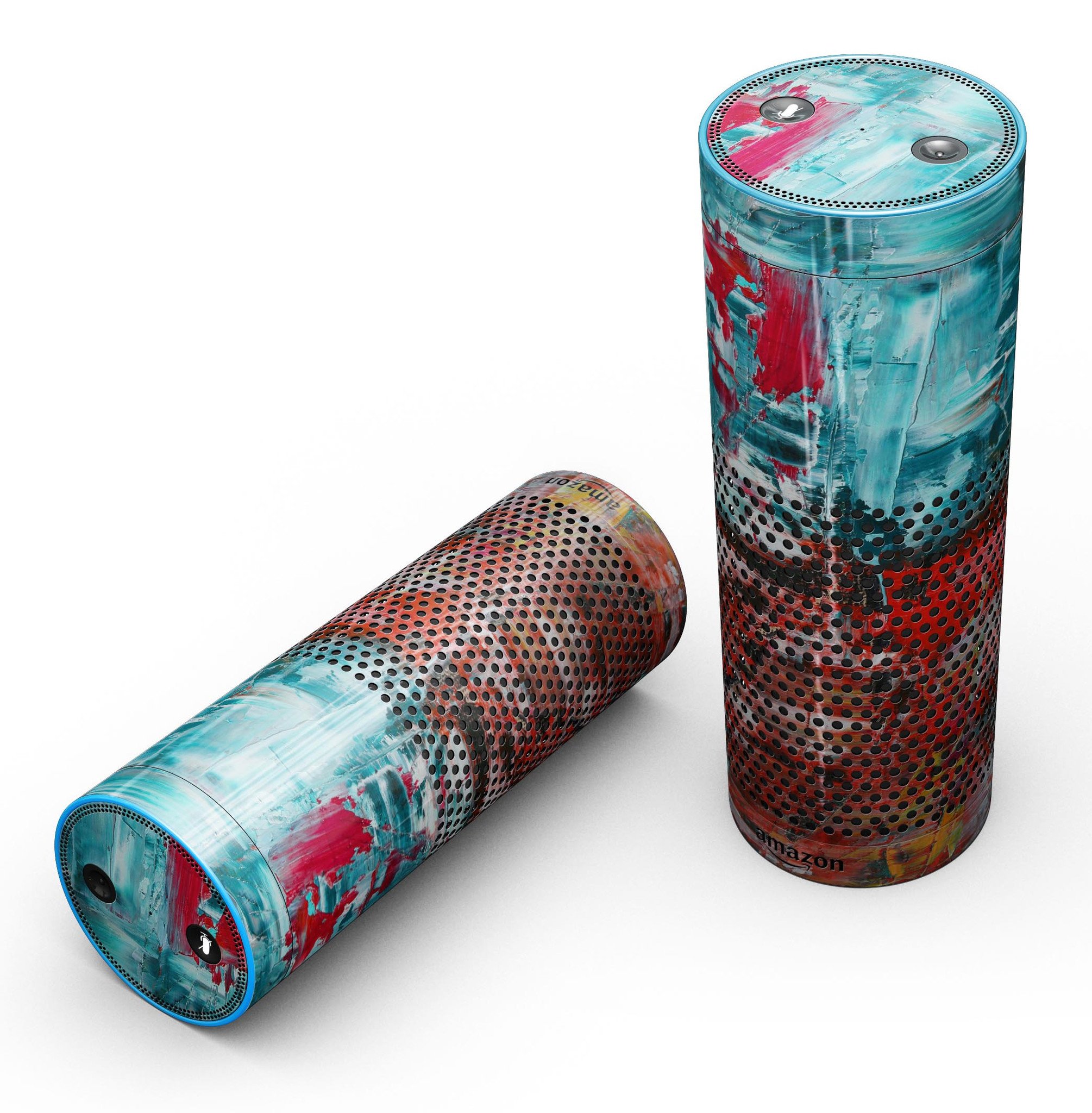 A vibrant red and blue abstract oil painting skin-kit designed for the Amazon Echo, showcasing full-body decorative protection.