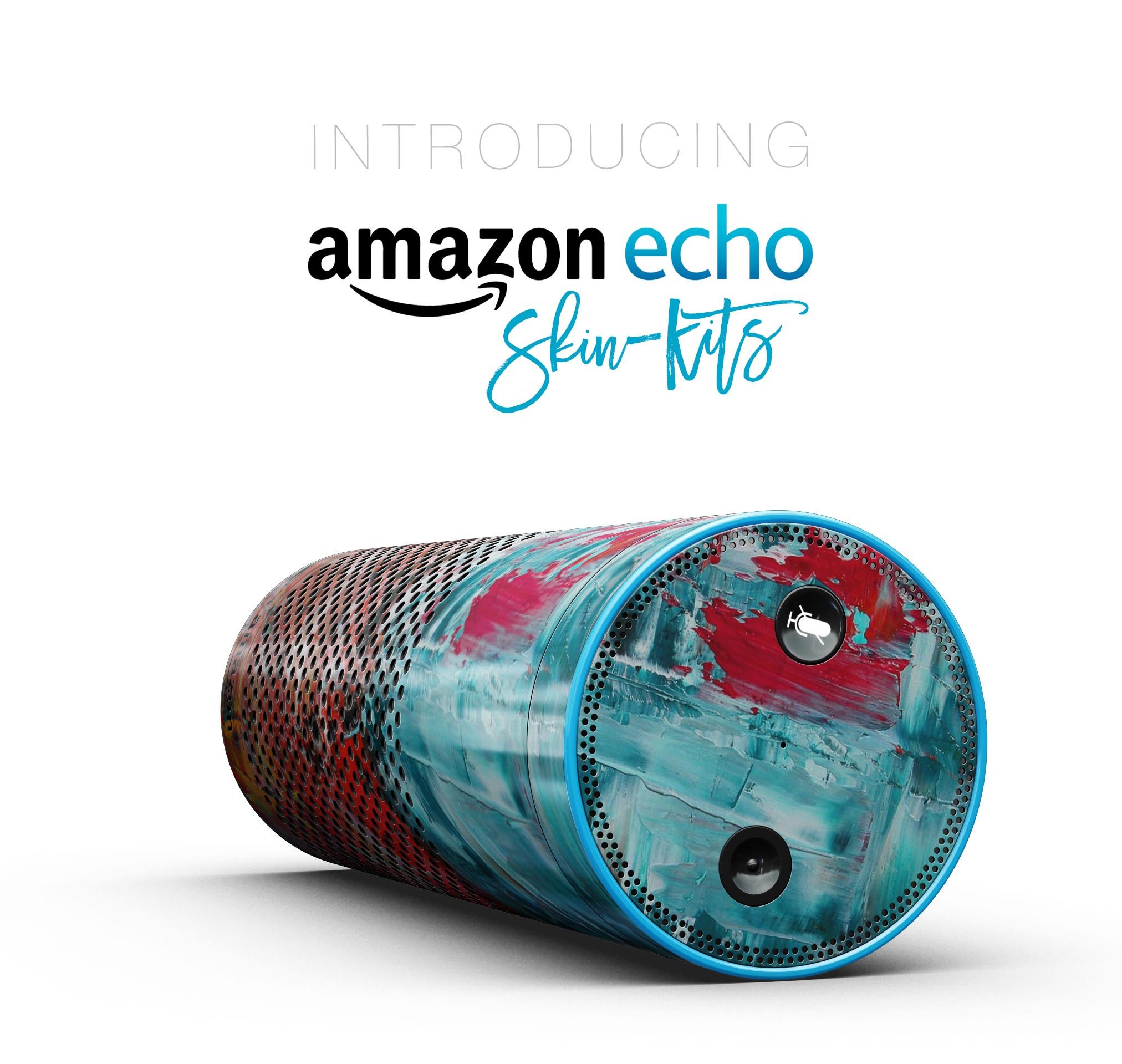 A vibrant red and blue abstract oil painting skin-kit designed for the Amazon Echo, showcasing full-body decorative protection.