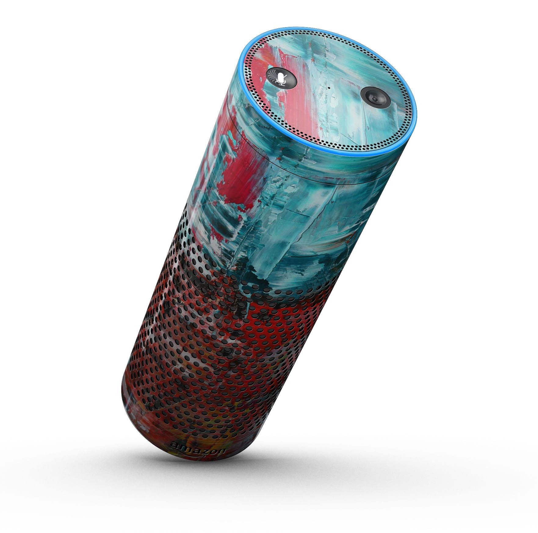 A vibrant red and blue abstract oil painting skin-kit designed for the Amazon Echo, showcasing full-body decorative protection.