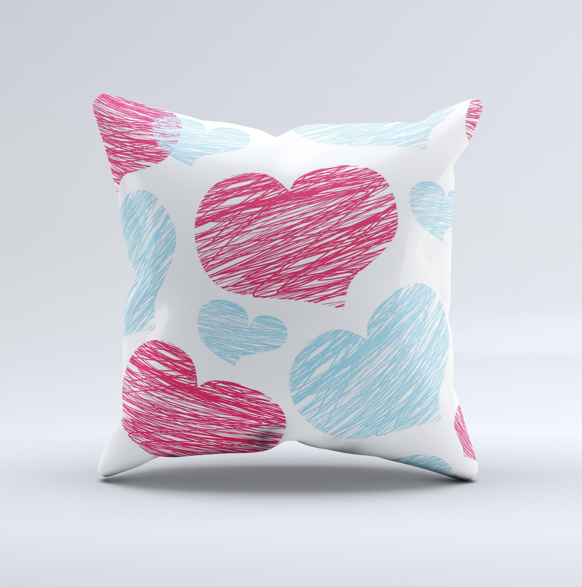 Red and blue decorative throw pillow featuring a lopsided loop-hearts design, handcrafted in Virginia with high-quality materials.