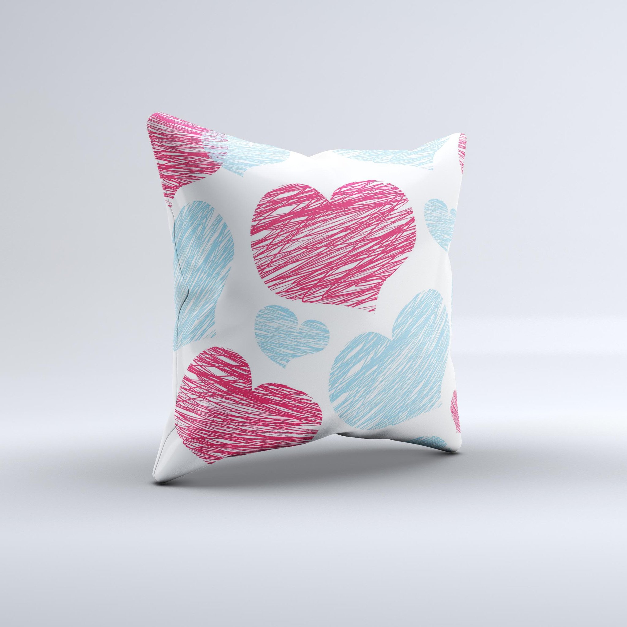 Red and blue decorative throw pillow featuring a lopsided loop-hearts design, handcrafted in Virginia with high-quality materials.