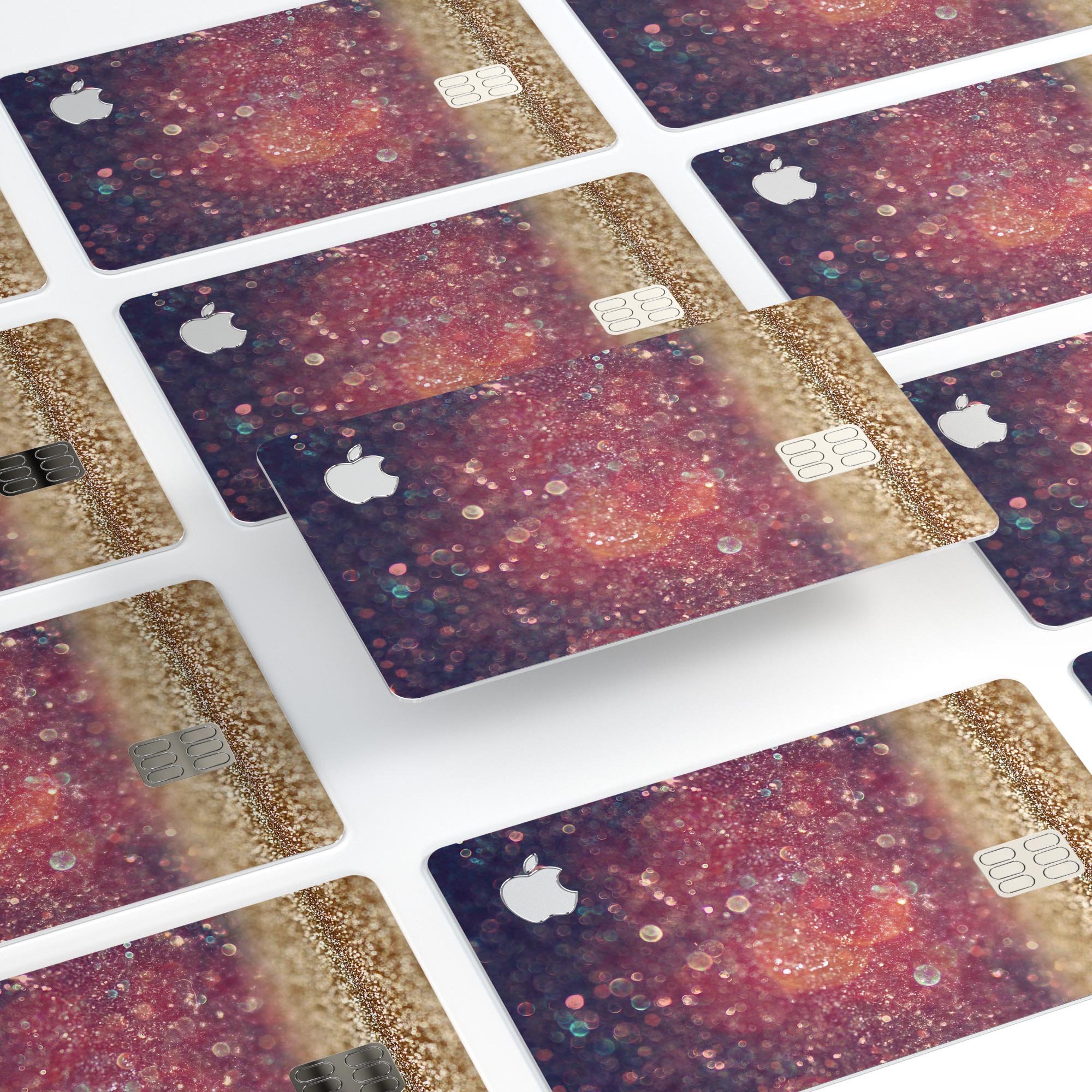 Red and blue unfocused orbs design on a premium protective decal for Apple Card, showcasing vibrant colors and a sleek finish.