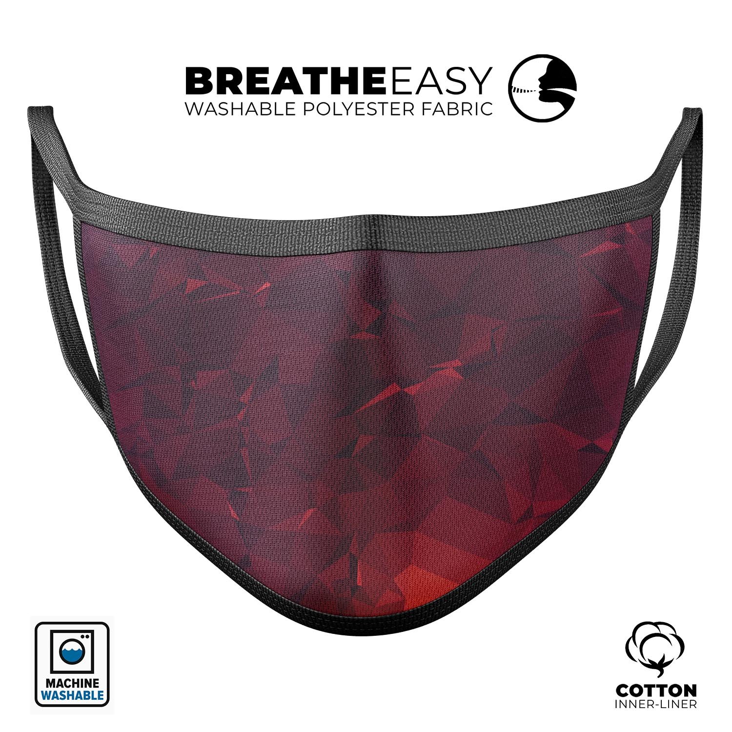 Red and Burgundy Geometric Shapes mouth cover, showcasing a stylish design with adjustable ear loops for a comfortable fit.