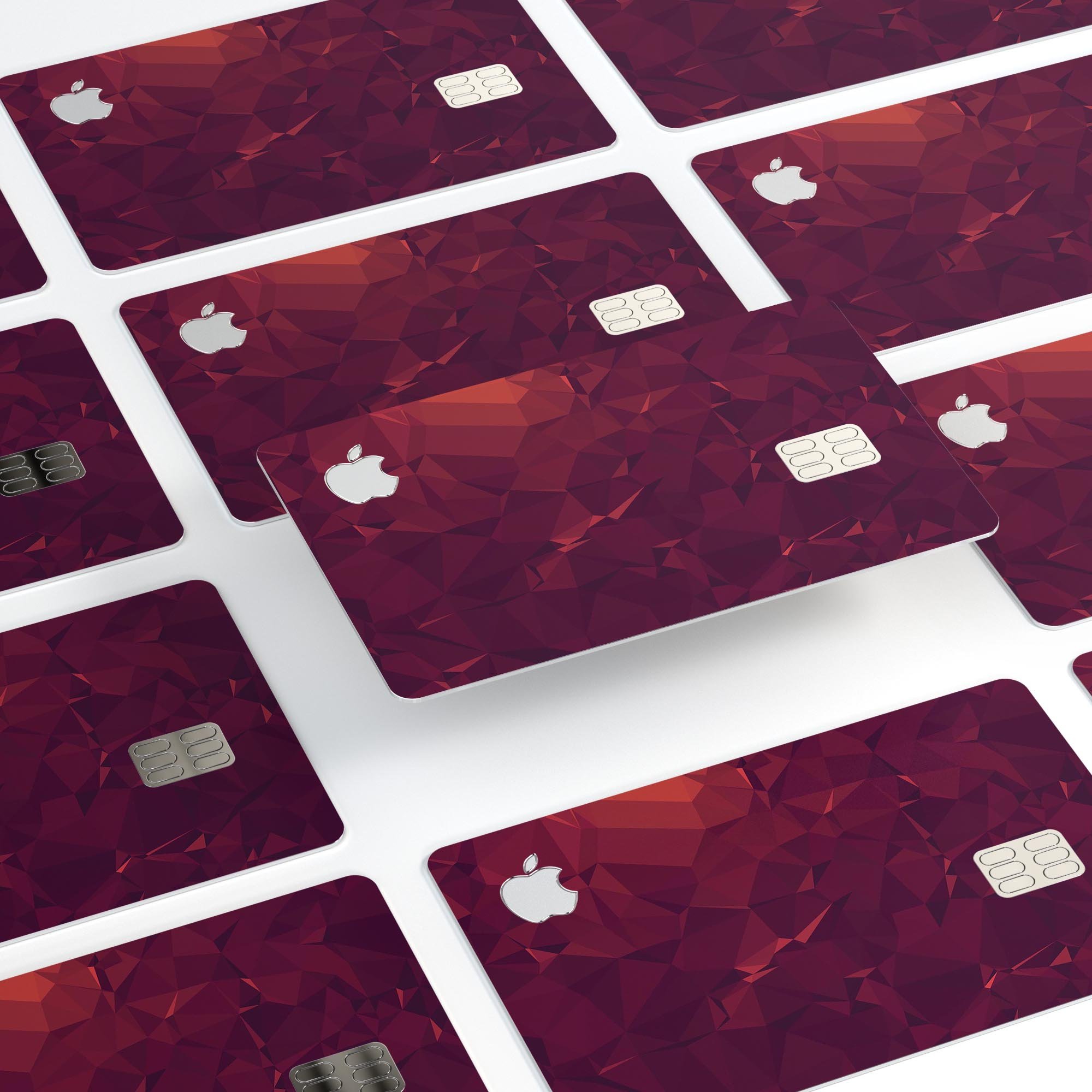 Red and burgundy geometric shapes decal skin for Apple Card, showcasing premium vinyl material and stylish design.