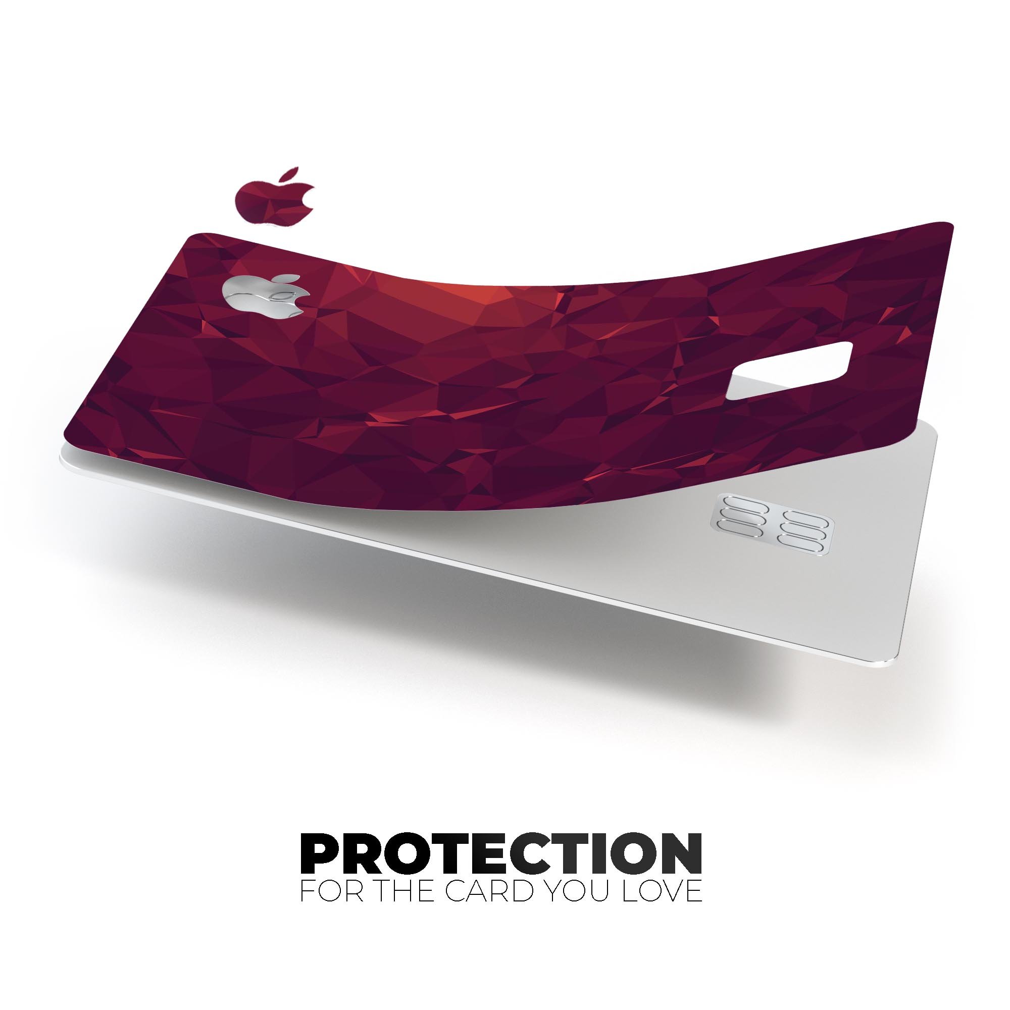 Red and burgundy geometric shapes decal skin for Apple Card, showcasing premium vinyl material and stylish design.