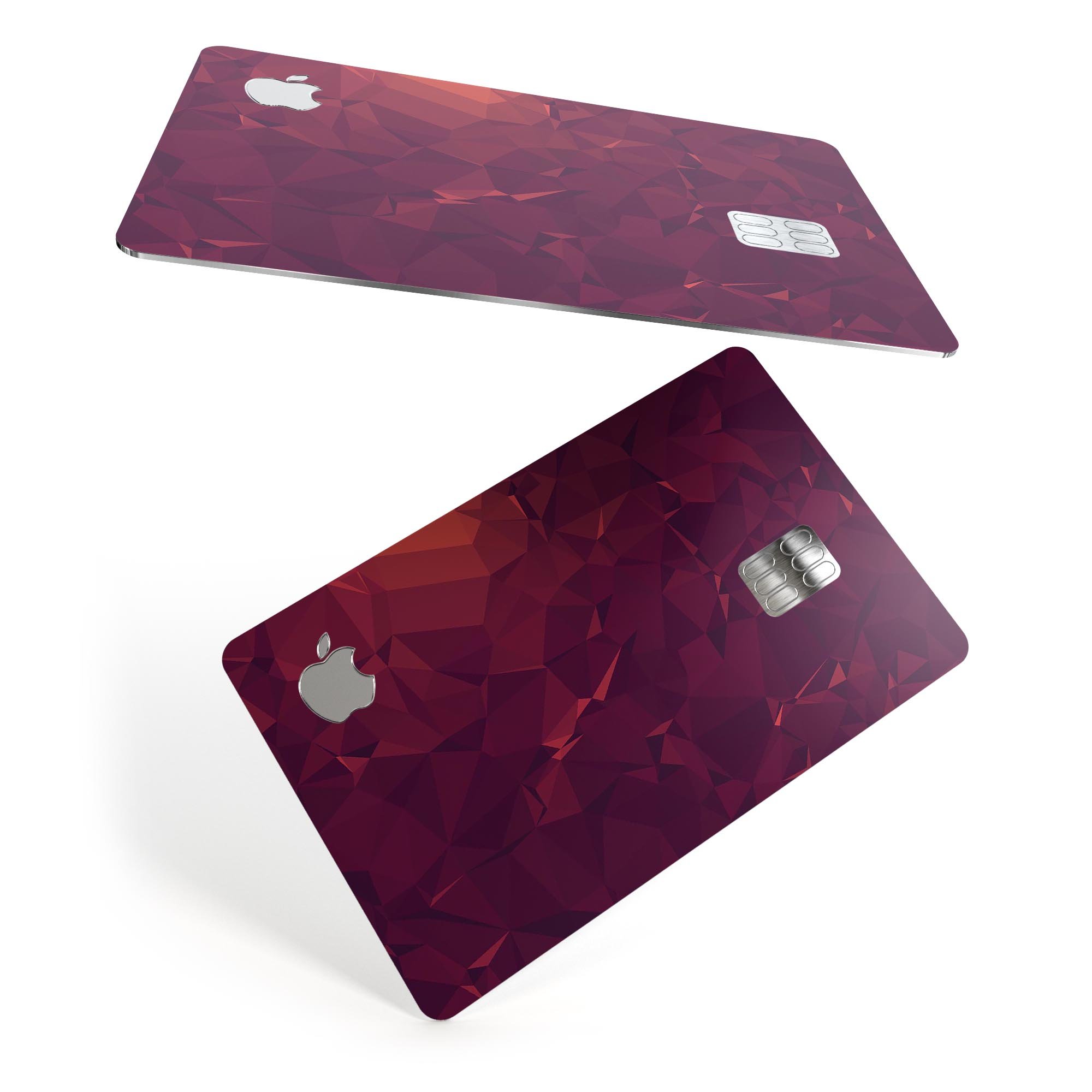 Red and burgundy geometric shapes decal skin for Apple Card, showcasing premium vinyl material and stylish design.