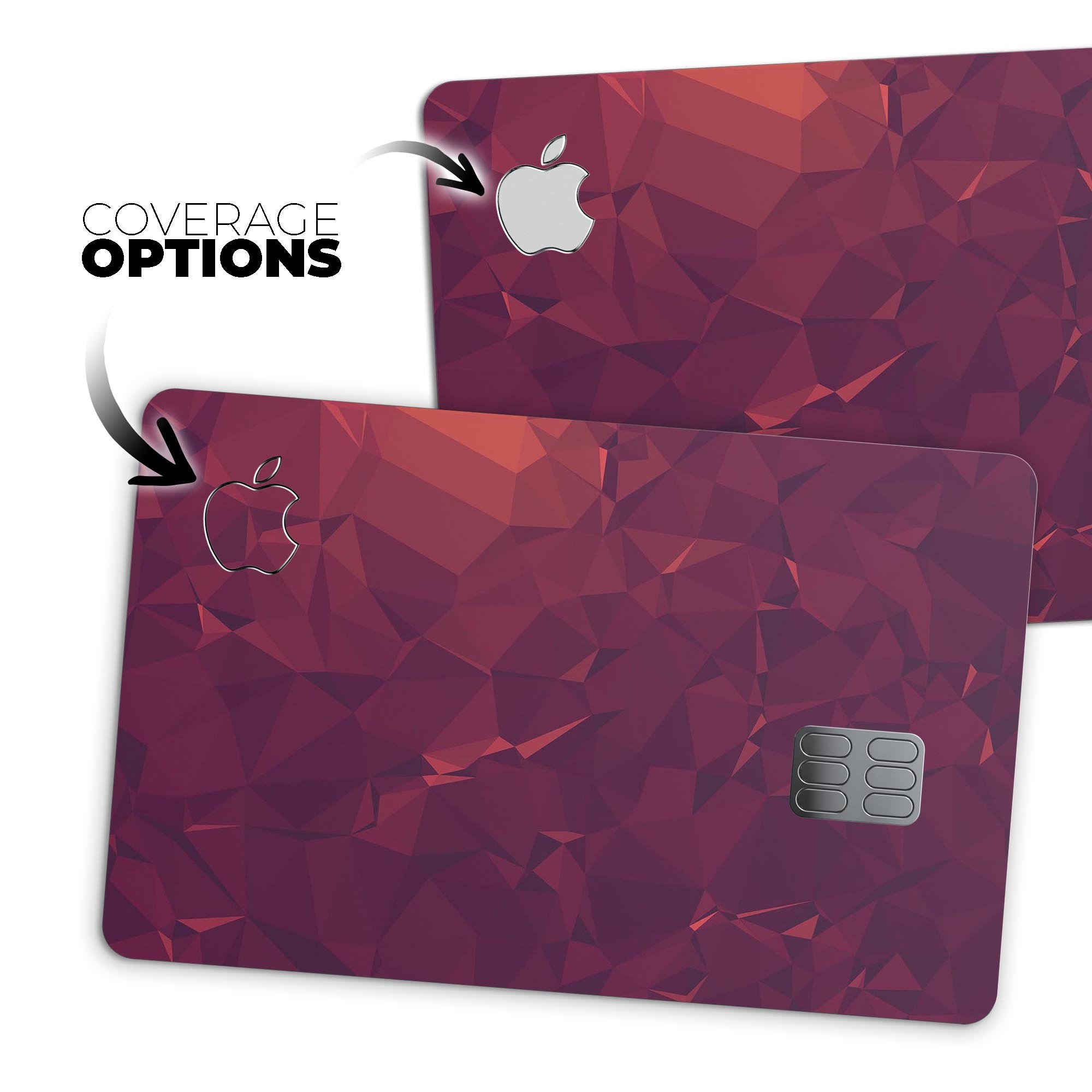 Red and burgundy geometric shapes decal skin for Apple Card, showcasing premium vinyl material and stylish design.