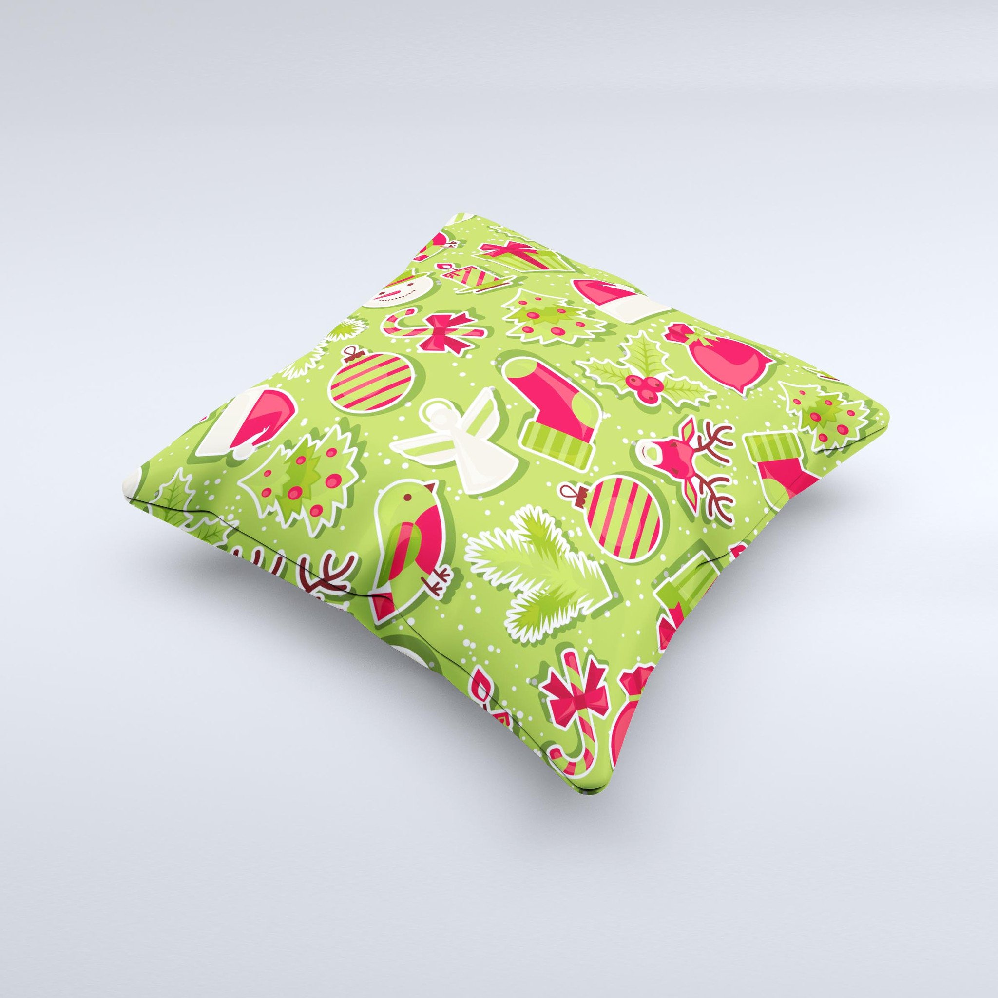 A vibrant red and green decorative throw pillow featuring Christmas icons, handcrafted in Virginia with a unique ink-fuzed design.