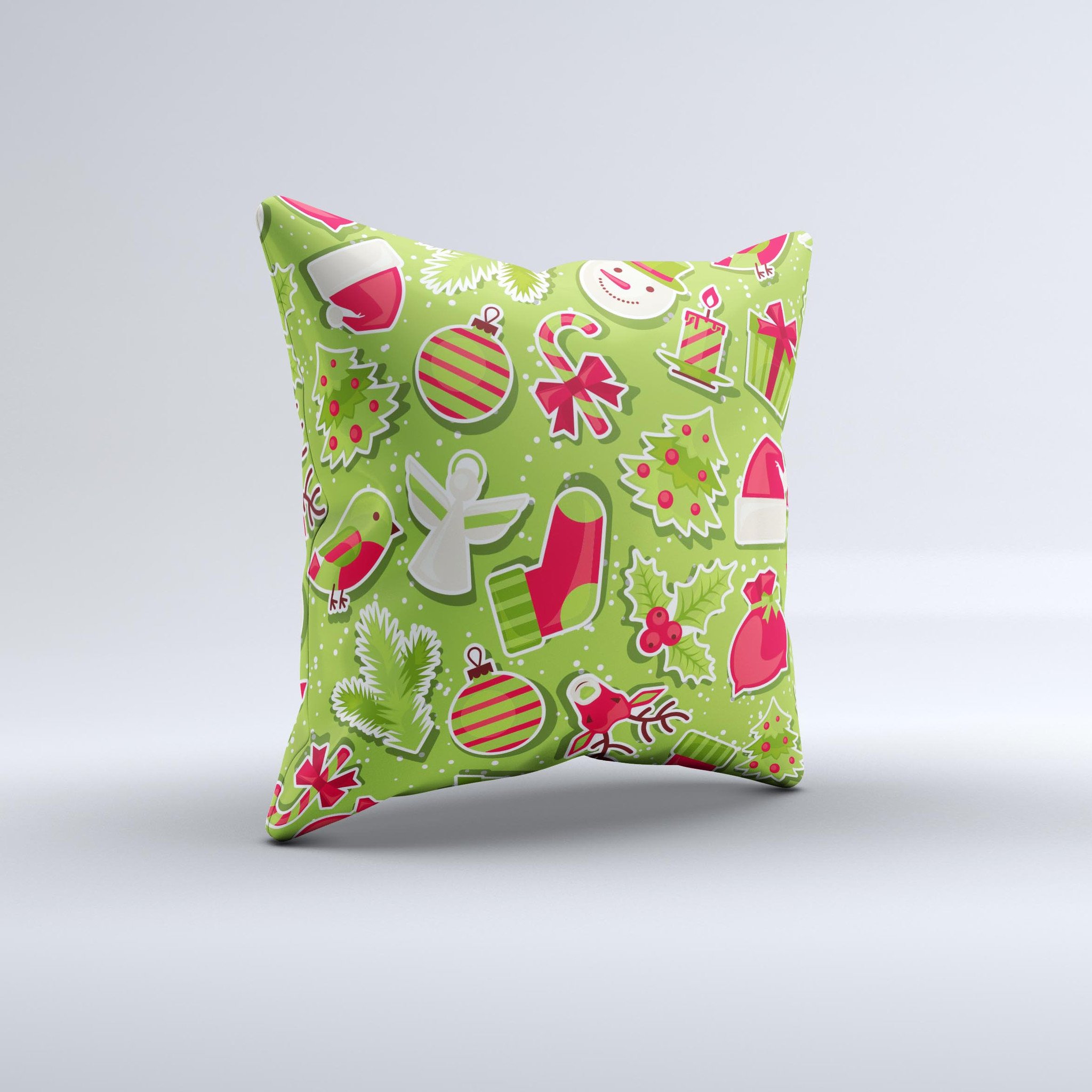 A vibrant red and green decorative throw pillow featuring Christmas icons, handcrafted in Virginia with a unique ink-fuzed design.