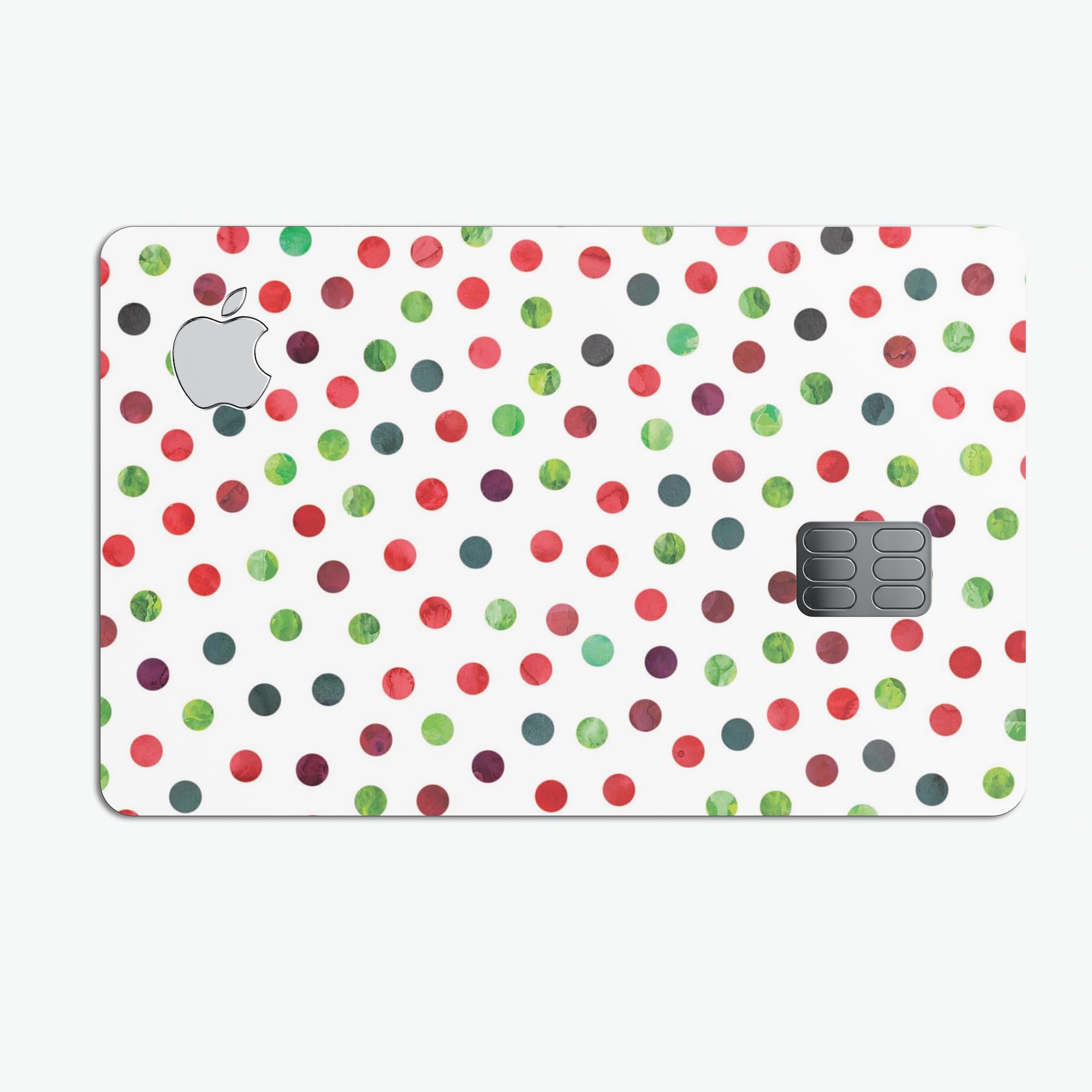 Red and green watercolor dots decal on a white background, designed for Apple Card protection.