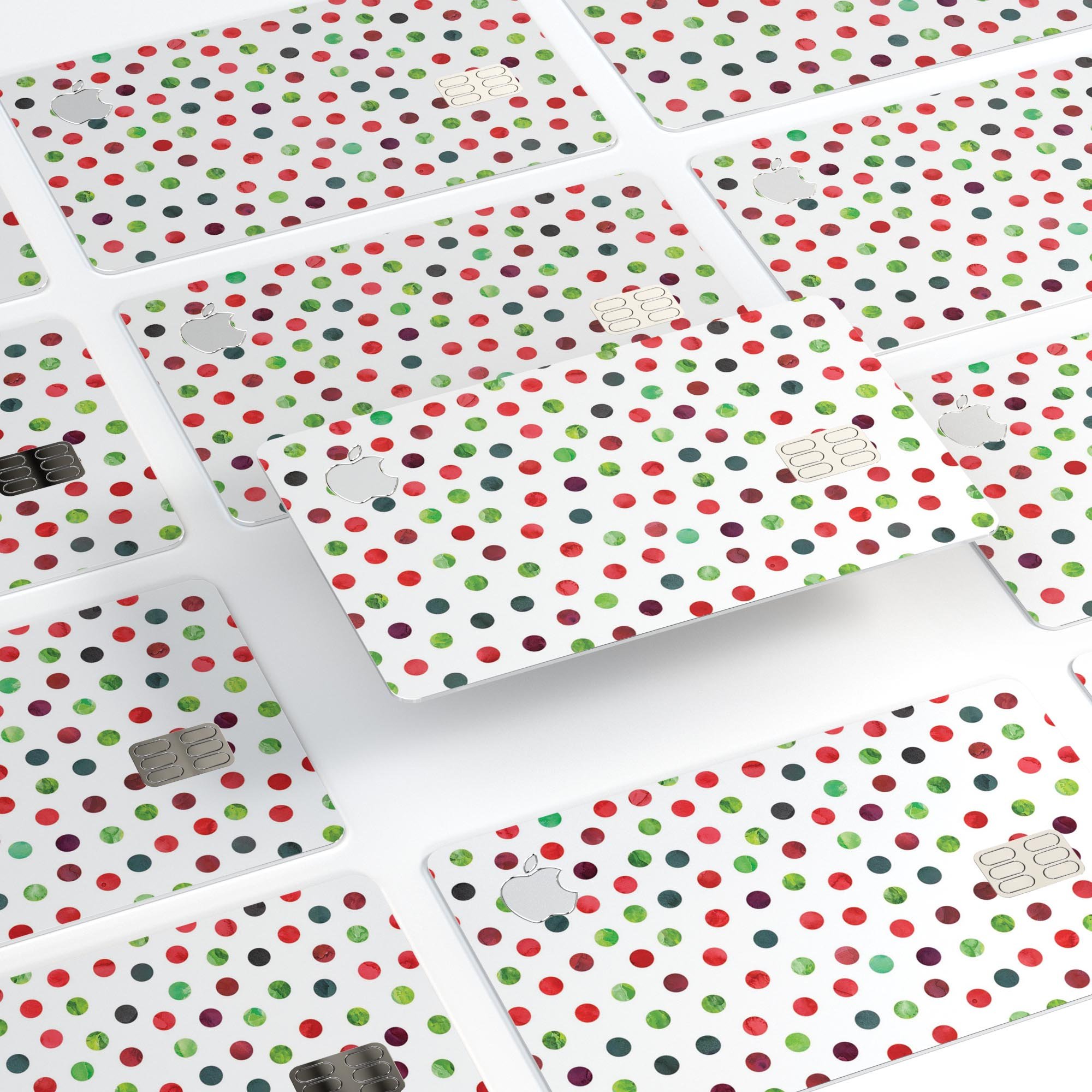 Red and green watercolor dots decal on a white background, designed for Apple Card protection.